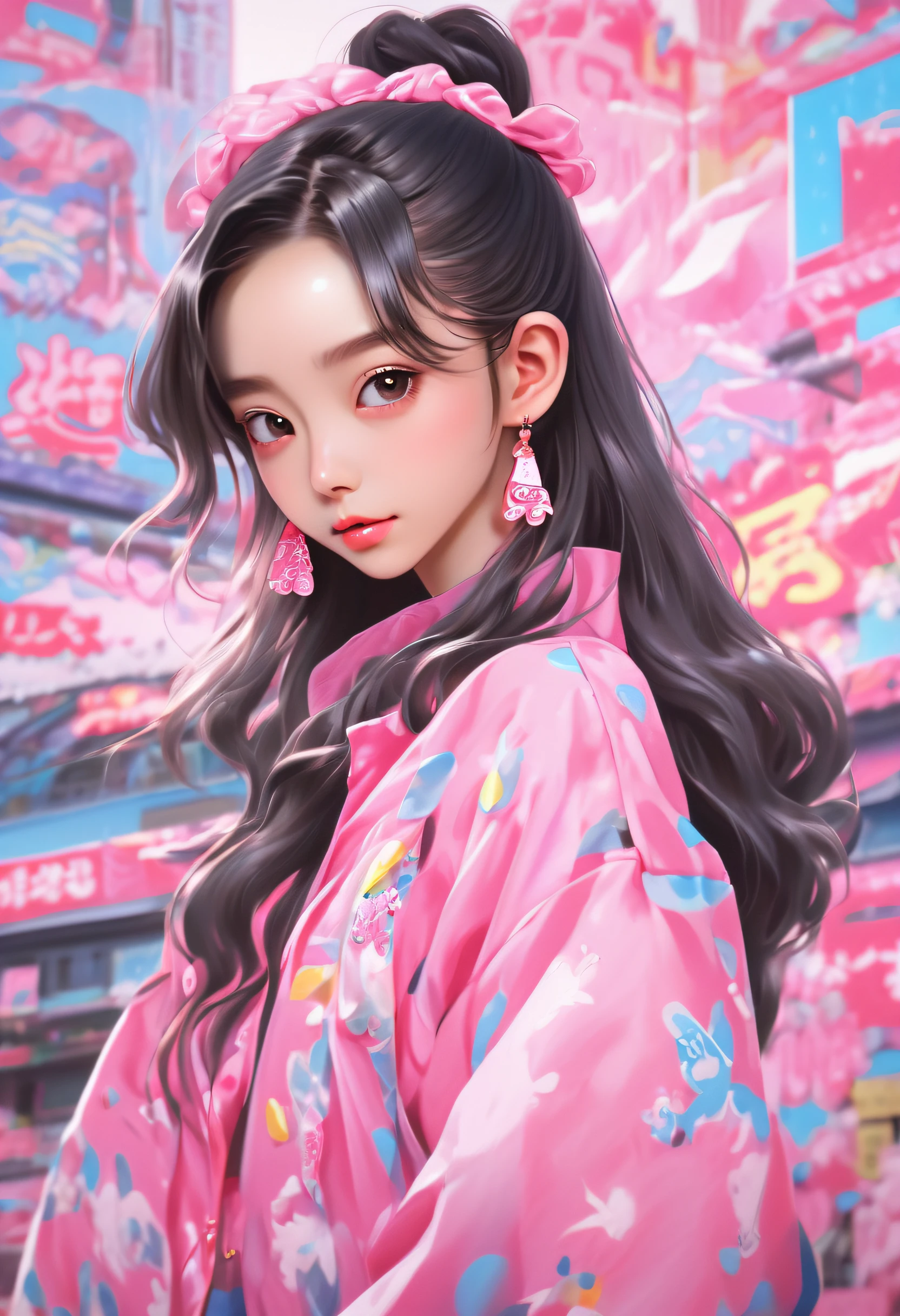 18-year-old girl,She looks like Angelababy,pink scrunchie,adolable,Barbie shiny pink,Estilo de Makoto Shinkai,Niji style,in the style of Miho Hirano, pink and black,ornate portrait, 1980s animation, hongkongstyle, Sandara tang, mixed patterns, text and emoji installations