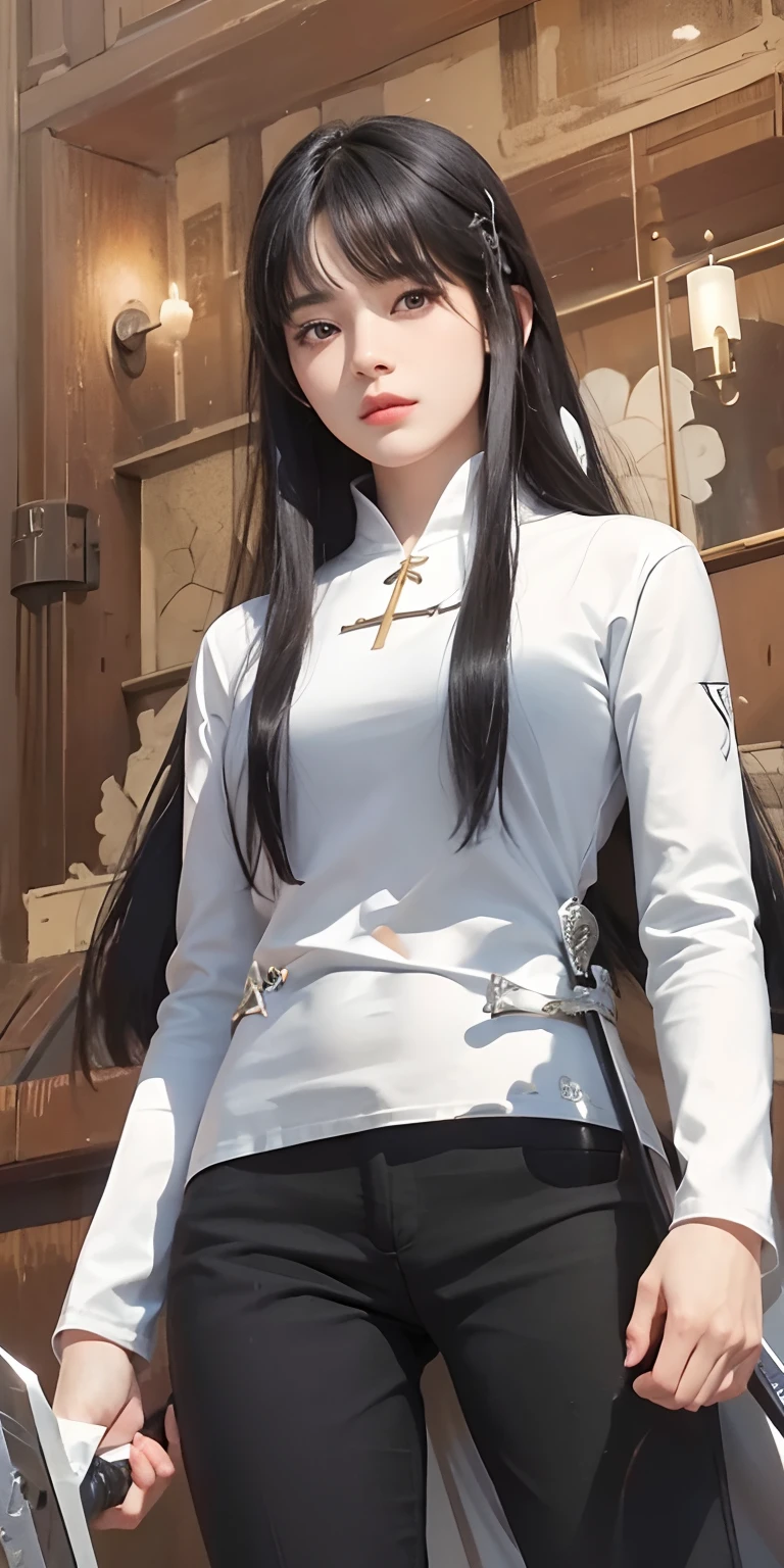 1girl, black hair, white clothes,sword, ultra detailed, masterpiece, realistic