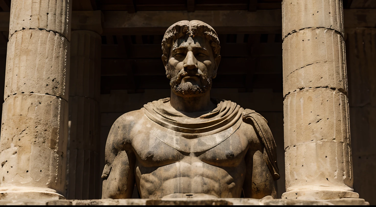 Ancient Stoic Statue With Very Angry Expression, tem barba, muitos detalhes em ambos os olhos, Outside, fundo atenas grego, open sky, com rosto extremamente detalhado full body view, Colors with low saturation with dark tone, Filmado em Sony A7S III com Sony FE 35mm f/1.8, 12.1 MP, --AR 3:2 --estilo cru