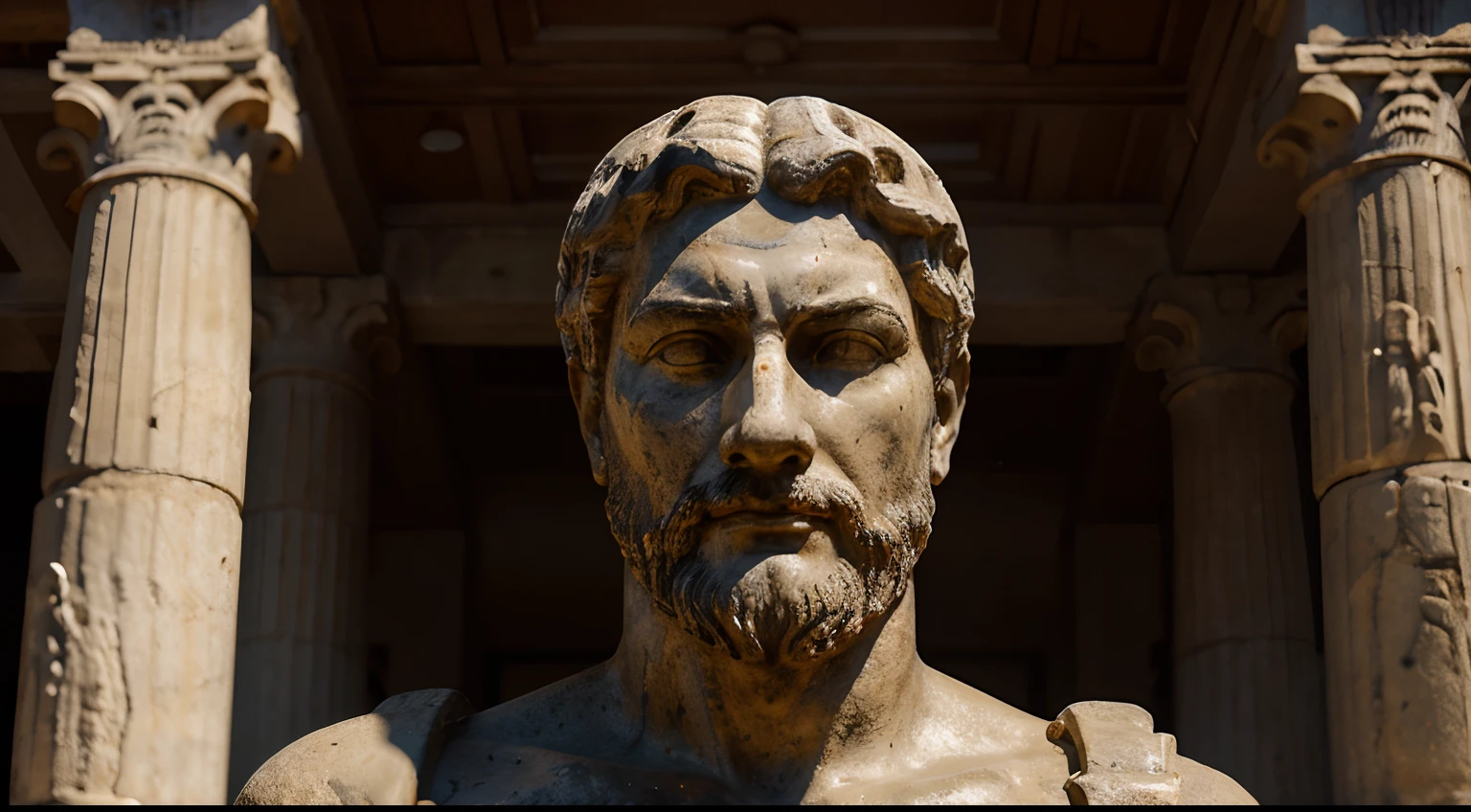 Ancient Stoic Statue With Very Angry Expression, tem barba, muitos detalhes em ambos os olhos, Outside, fundo atenas grego, open sky, com rosto extremamente detalhado full body view, Colors with low saturation with dark tone, Filmado em Sony A7S III com Sony FE 35mm f/1.8, 12.1 MP, --AR 3:2 --estilo cru