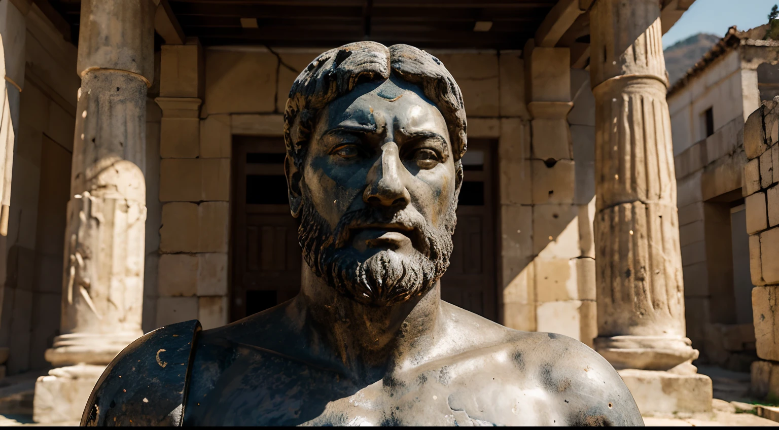 Ancient Stoic Statue With Very Angry Expression, tem barba, muitos detalhes em ambos os olhos, Outside, fundo atenas grego, open sky, com rosto extremamente detalhado full body view, Colors with low saturation with dark tone, Filmado em Sony A7S III com Sony FE 35mm f/1.8, 12.1 MP, --AR 3:2 --estilo cru