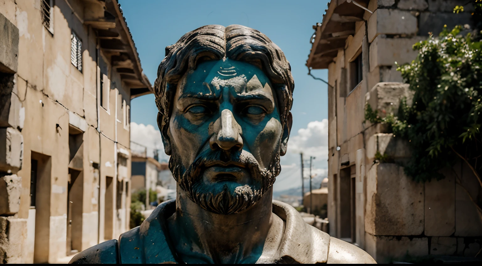 Ancient Stoic Statue With Very Angry Expression, tem barba, muitos detalhes em ambos os olhos, Outside, fundo atenas grego, open sky, com rosto extremamente detalhado full body view, Colors with low saturation with dark tone, Filmado em Sony A7S III com Sony FE 35mm f/1.8, 12.1 MP, --AR 3:2 --estilo cru