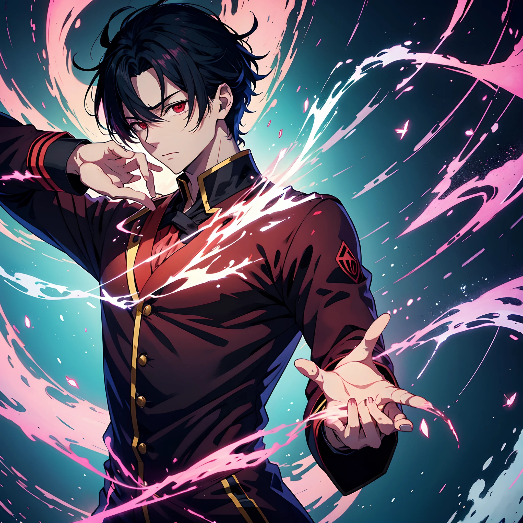 Anime version. Uma imagem com um personagem masculino muito muito assustador, com sangue. De filme de terror mesmo. Um lugar bem mal iluminado com cores vermelhas e pretas. with the palm of your hand up. O nome" XP" Floating over the hand.