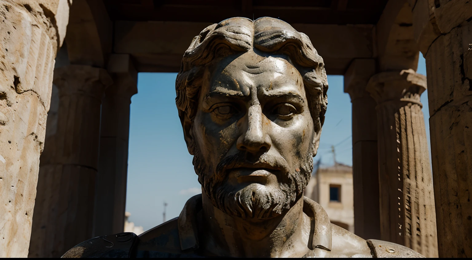 Ancient Stoic Statue With Very Angry Expression, tem barba, muitos detalhes em ambos os olhos, Outside, fundo atenas grego, open sky, com rosto extremamente detalhado full body view, Colors with low saturation with dark tone, Filmado em Sony A7S III com Sony FE 35mm f/1.8, 12.1 MP, --AR 3:2 --estilo cru