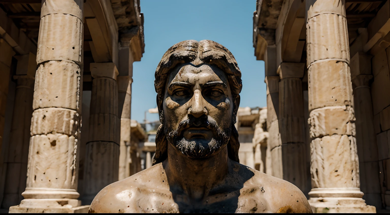 Ancient Stoic Statue With Very Angry Expression, tem barba, muitos detalhes em ambos os olhos, Outside, fundo atenas grego, open sky, com rosto extremamente detalhado full body view, Colors with low saturation with dark tone, Filmado em Sony A7S III com Sony FE 35mm f/1.8, 12.1 MP, --AR 3:2 --estilo cru