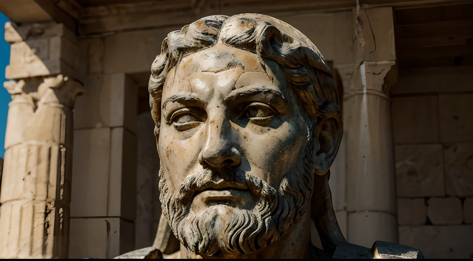 Ancient Stoic Statue With Very Angry Expression, tem barba, muitos detalhes em ambos os olhos, Outside, fundo atenas grego, open sky, com rosto extremamente detalhado full body view, Colors with low saturation with dark tone, Filmado em Sony A7S III com Sony FE 35mm f/1.8, 12.1 MP, --AR 3:2 --estilo cru