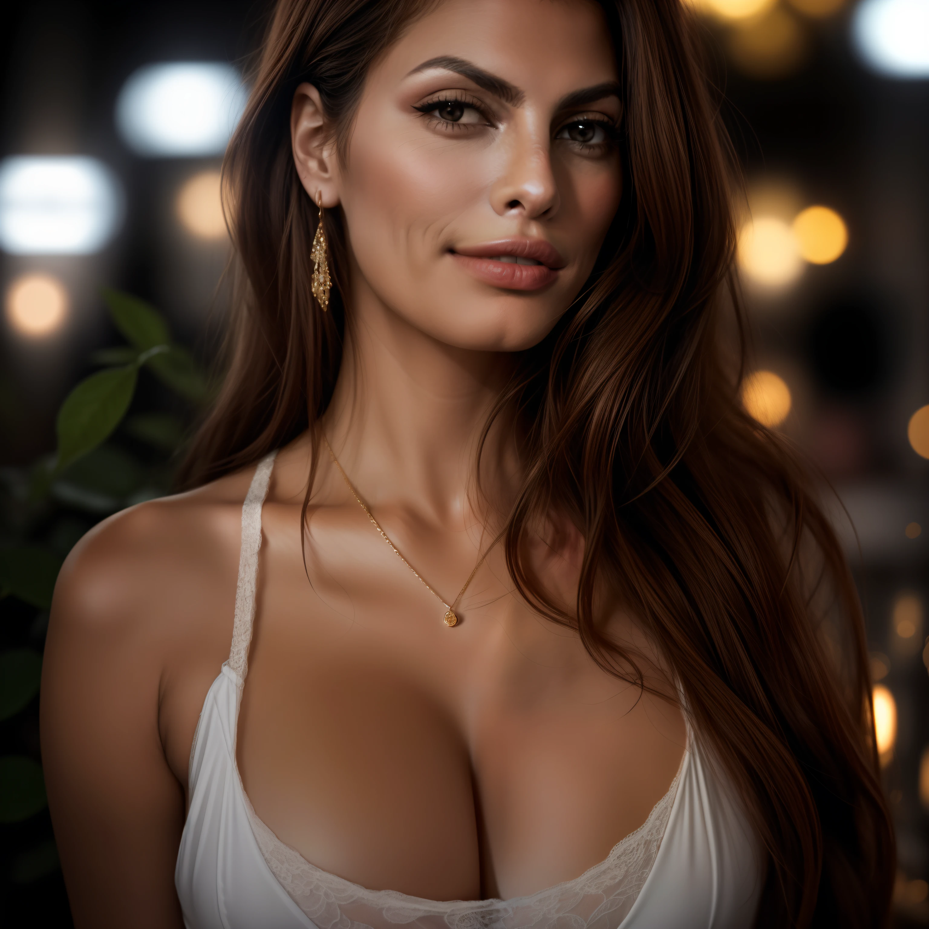 European Photo Model (Eva Mendes), the woman has small breasts, the woman has a seductive smile on her face, easy-going smile, beautiful body, Hautflecken (der Wind entwickelt die Haare: 1,4), Lace Negligee, Blick in die Kamera (Shade of the leaves: 1,2), professionelles Studio (natural skin texture, Hyperrealismus, weich leicht, scharf:1.2)