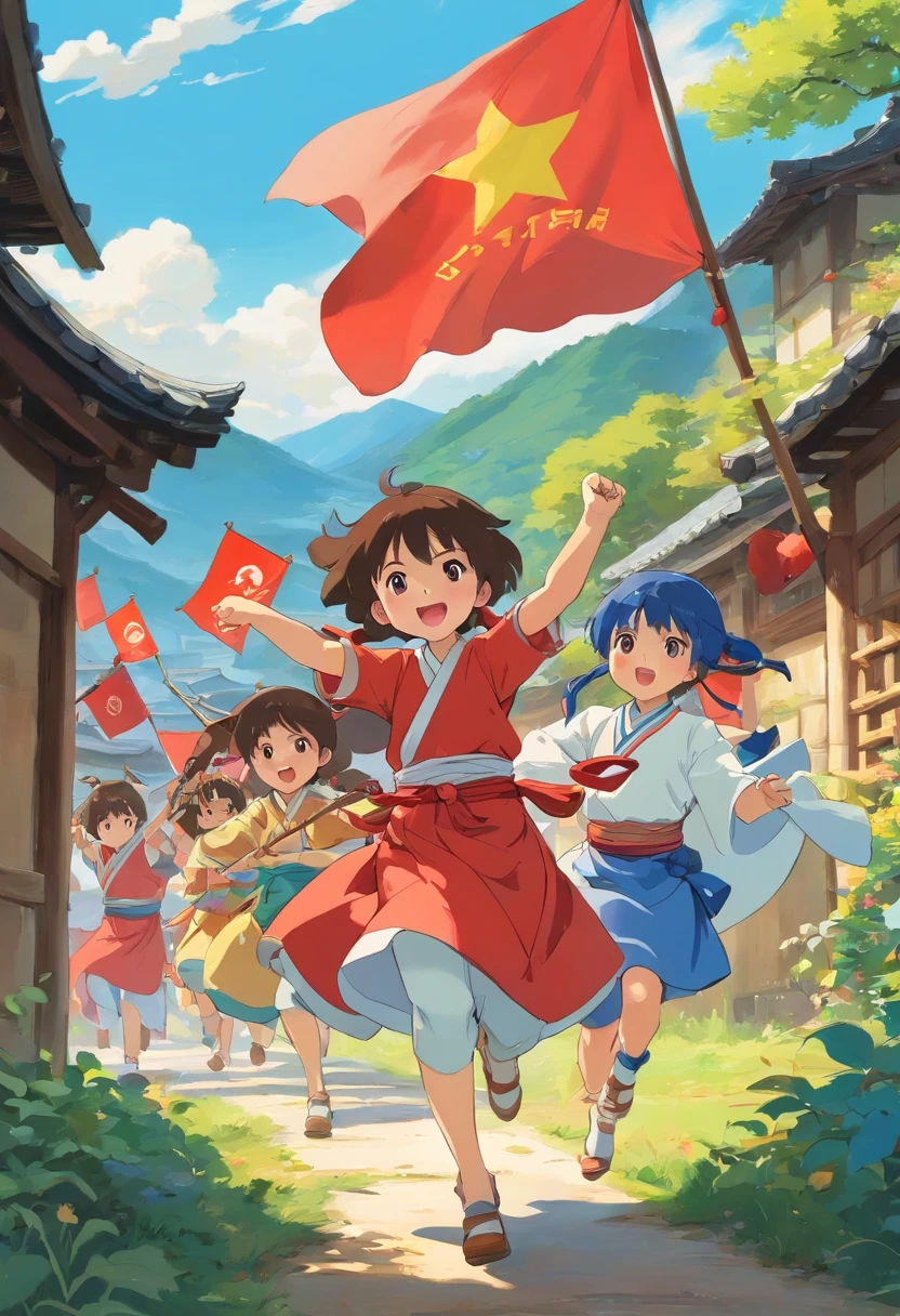 Zhuang village,The sky is blue,Zhuang children in the village wear Zhuang costumes,Dancing around the paper horse,Holding colorful flags in hand,Some people play drums and some blow pipes.Ghibli anime drawings、Beautiful anime scenes in the countryside