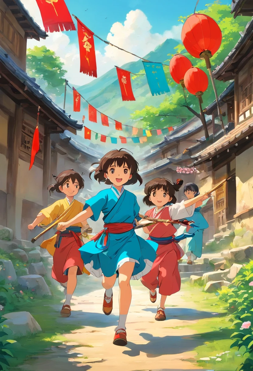 Zhuang village，The sky is blue，Zhuang children in the village wear Zhuang costumes，Dancing around the paper horse，Holding colorful flags in hand，Some people play drums and some blow pipes.Ghibli anime drawings、Beautiful anime scenes in the countryside