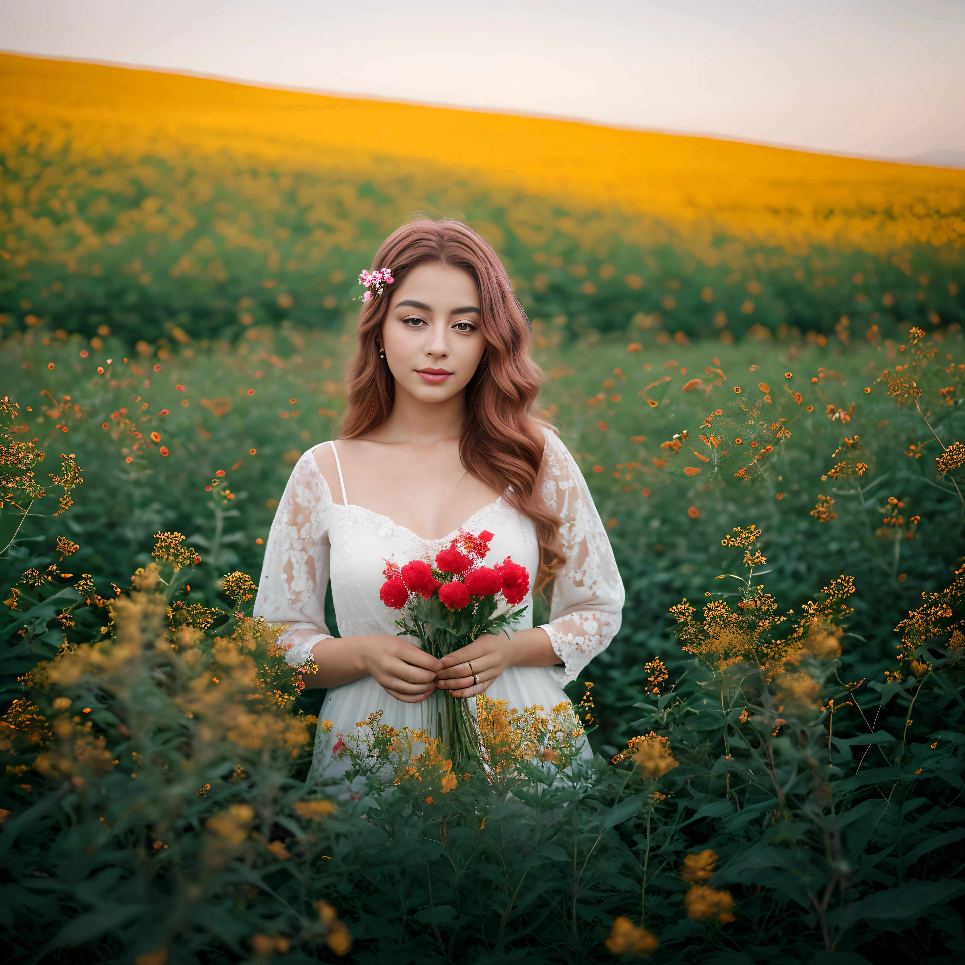 Ha flores vermelhas amarelas e brancas, fotografia ultra realista tirada com lente 35mm, fundo desfocado, soft morning lighting, .RAW, 8k, High Definition with Rich Details, And a beautiful romantic and dreamy woman among the flowers