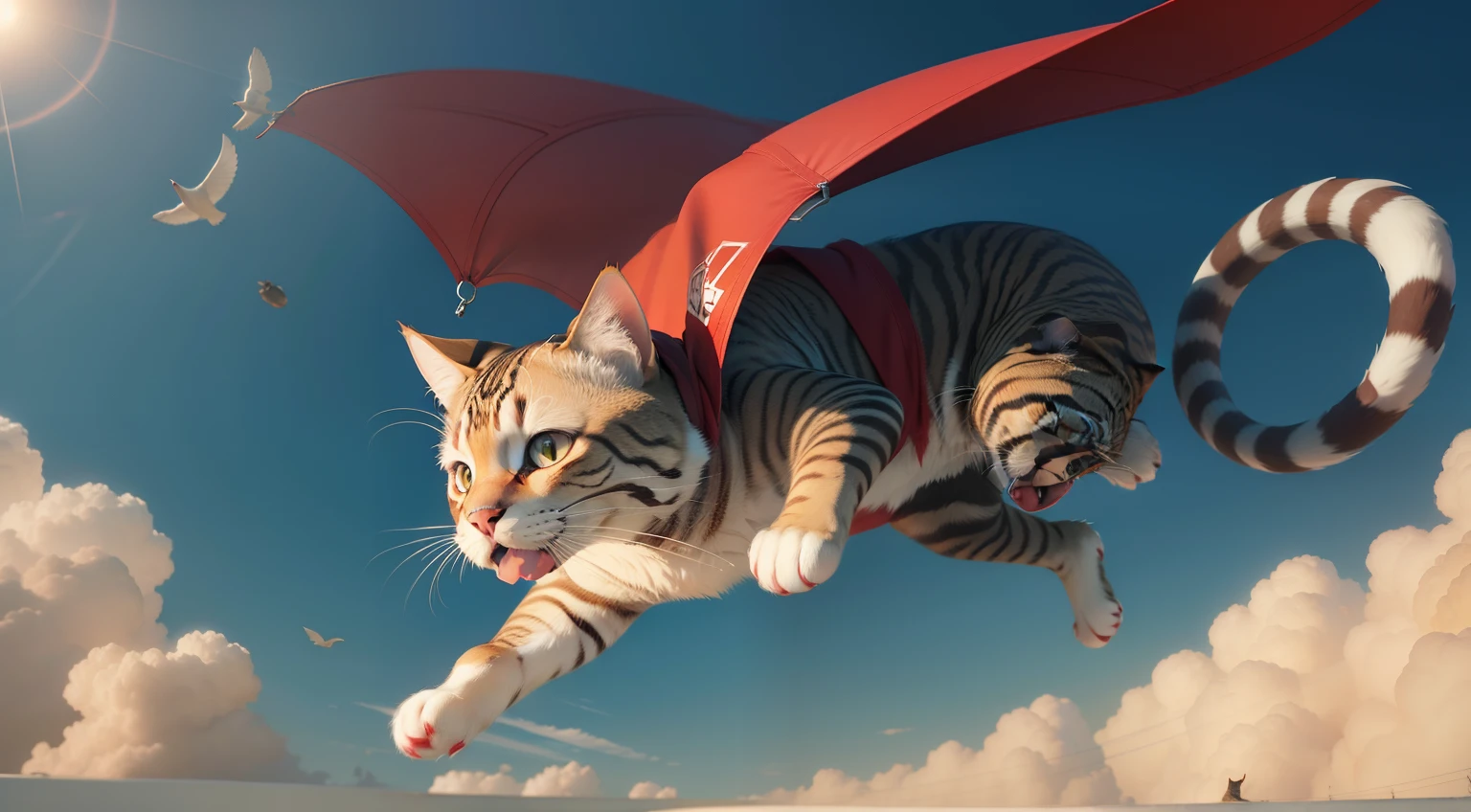 Lindo gato con capa roja volando por el cielo
