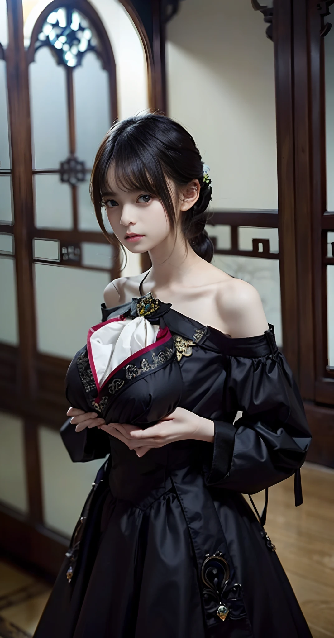 Black only dresses、(beutiful breast:1.6),（childish:1.6）、Princess pulling up her hair with her hands、Petite girl、Navel Dresses、Official art、Unity 8k Wallpapers、ultra-detailliert、Beautiful fece、Beautiful fece、​masterpiece、top-quality、 optic, Atmosphere, mystery, romanticism, Deities々Shisu, literary, art by, lo fashion, Victorian, ornamented, Complexity, Ironwork, Ren Hao, pondering, emotional depth, Supernatural, 1 rapariga, 独奏, coll