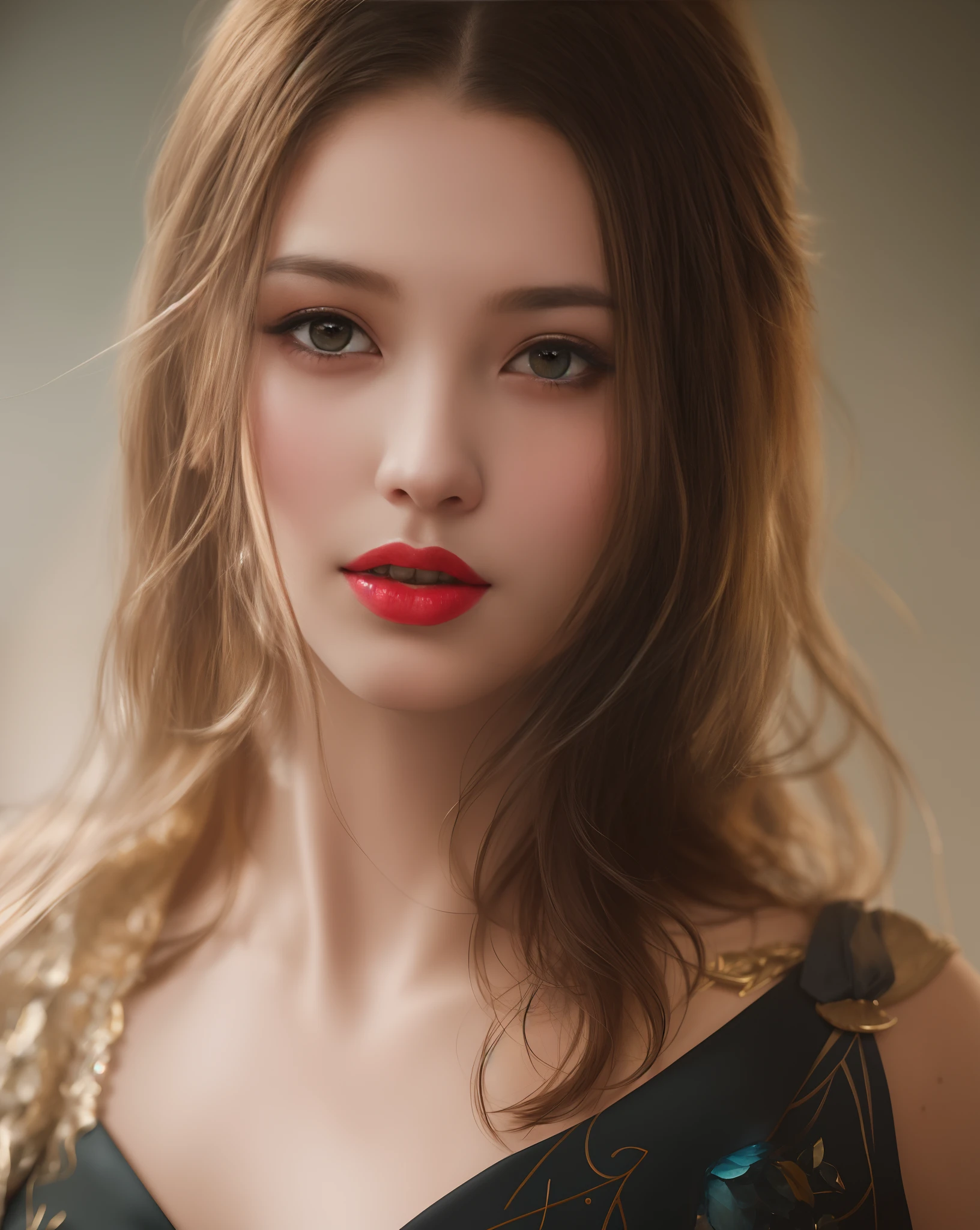 (Masterpiece),(Best quality),((Masterpiece)),(A high resolution), Original, Portrait of a beautiful teenager, meidum breasts, formal outfit, Soft smile, Red lips, pretty hair, beauty eyes, 1girll, Solo, Realism, {{{{painted by Greg Rutkowski}}}}
