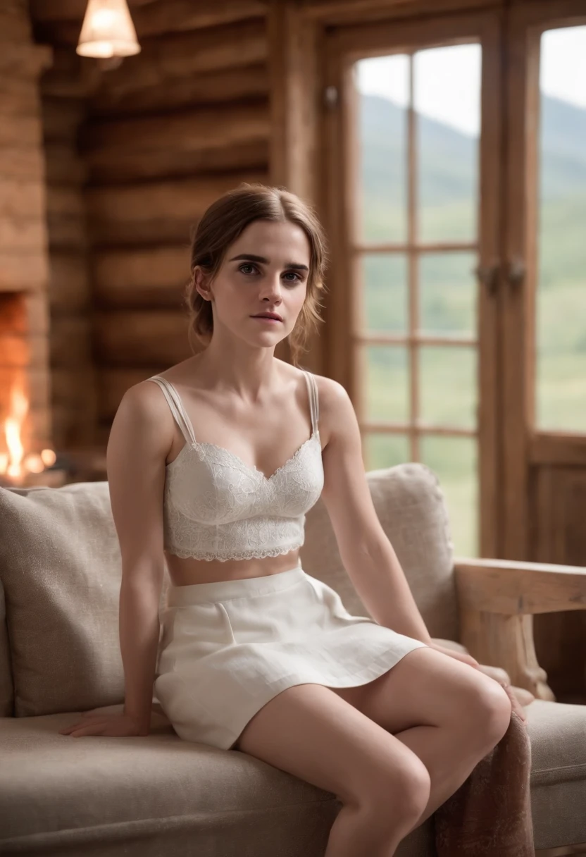 (((Emma Watson))), (very tall slender woman), (she lies lengthwise on a cozy wide sofa of a mountain hut), (in the background the fireplace flickers), (she has round breasts), big eyes, (small head), (((she wears a white belly-free top))), (belly button), ((short gray cotton skirt)), (photorealistic), (ray tracing), (cinema lighting), (sharp focus), collarbone, (detailed face), natural and realistic skin textures, soft face, (open legs), (spread legs),