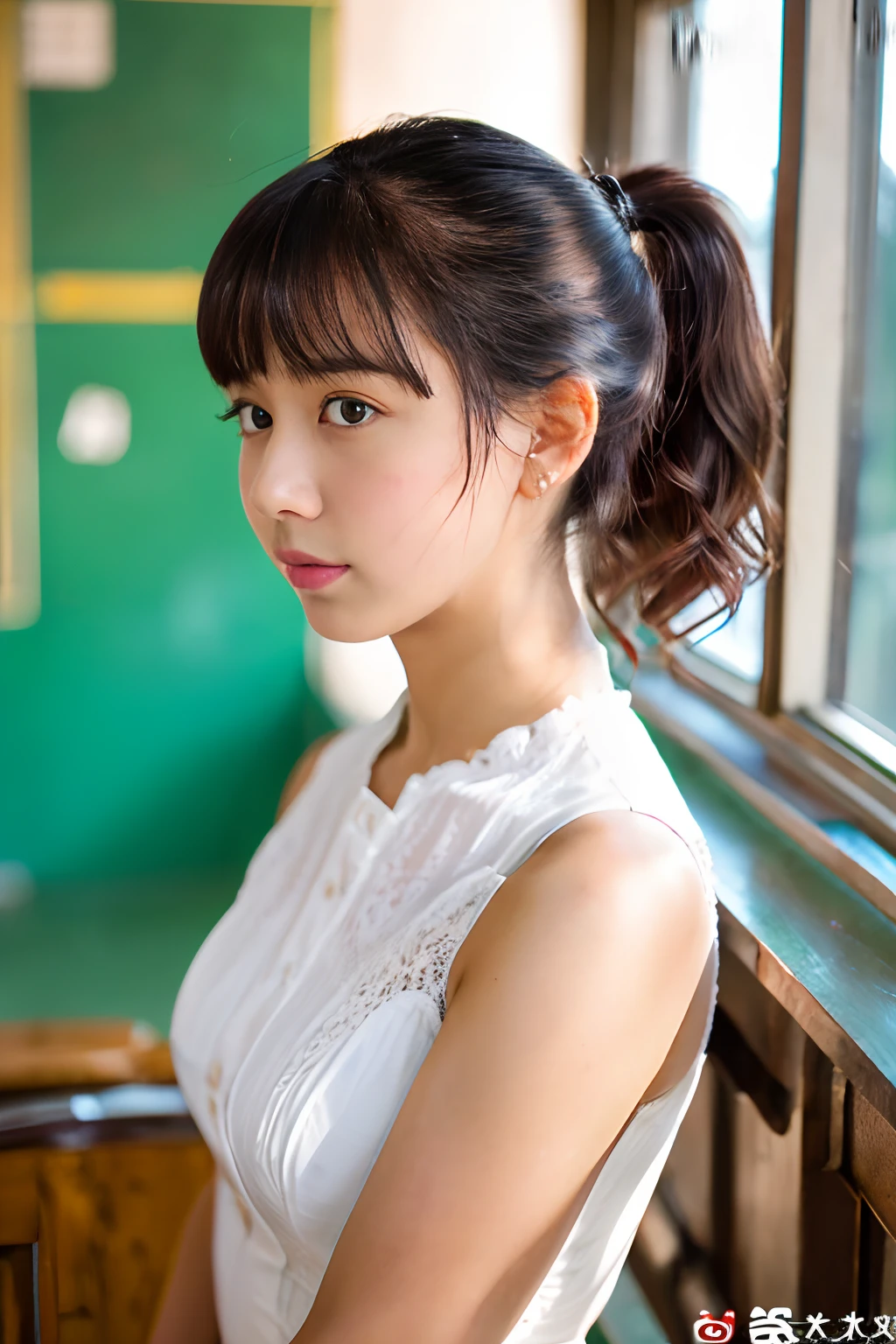 (8K、RAW Photos、top-quality、masterpiece:1.2)、(realisitic、Photorealsitic:1.37)、cowboy shot、Gravure idol standing in classroom、Curly hair、poneyTail、18Year old girl、Pose with your arms crossed behind your head、Colossal tits、white tank tops、shortpants