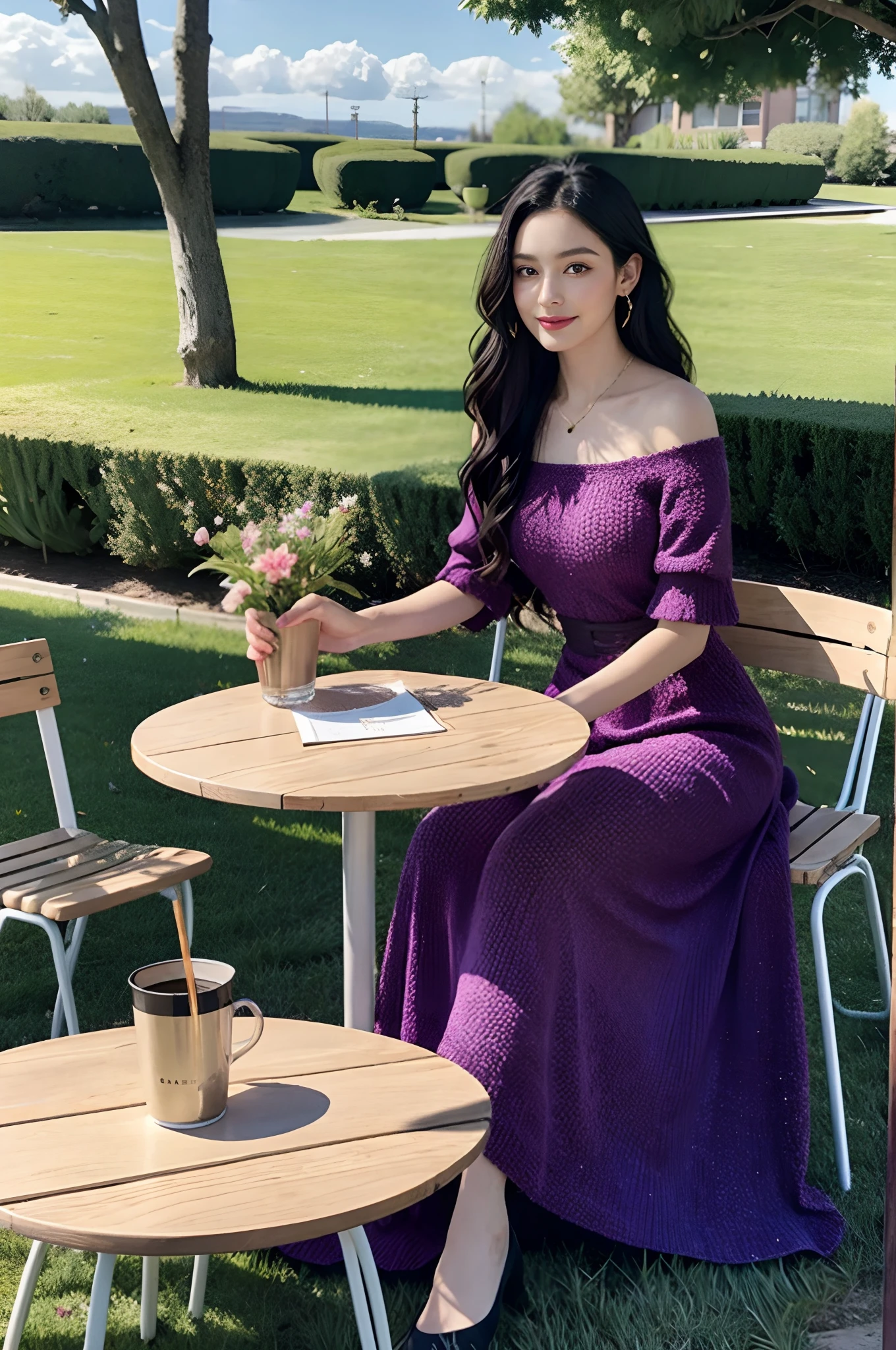 high quality, 8K Ultra HD Detailed knitting style dress, a woman in her 25 black wavy hair, beautiful colorful purple and link long dress sitting outdoor , reading book , with coffee in front in the small table, and there is a soft blue sky ,the background is castle , kids playing with their father in the green grass with flowers garden,