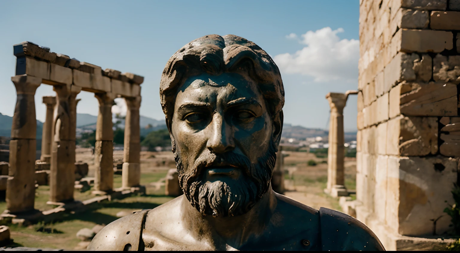 Ancient Stoic Statue With Very Angry Expression, tem barba, muitos detalhes em ambos os olhos, Outside, fundo atenas grego, open sky, com rosto extremamente detalhado full body view, Colors with low saturation with dark tone, Filmado em Sony A7S III com Sony FE 35mm f/1.8, 12.1 MP, --AR 3:2 --estilo cru