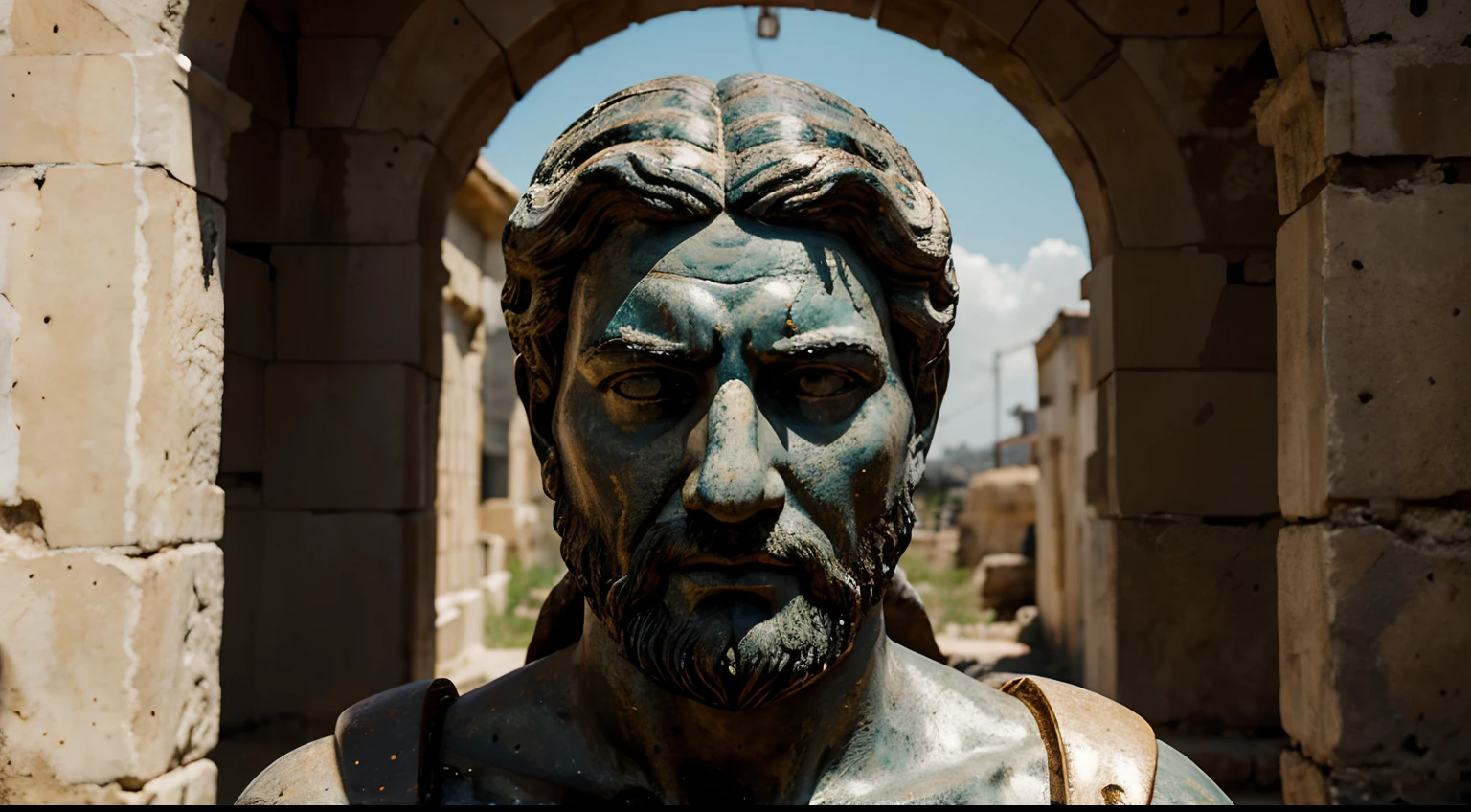 Ancient Stoic Statue With Very Angry Expression, tem barba, muitos detalhes em ambos os olhos, Outside, fundo atenas grego, open sky, com rosto extremamente detalhado full body view, Colors with low saturation with dark tone, Filmado em Sony A7S III com Sony FE 35mm f/1.8, 12.1 MP, --AR 3:2 --estilo cru