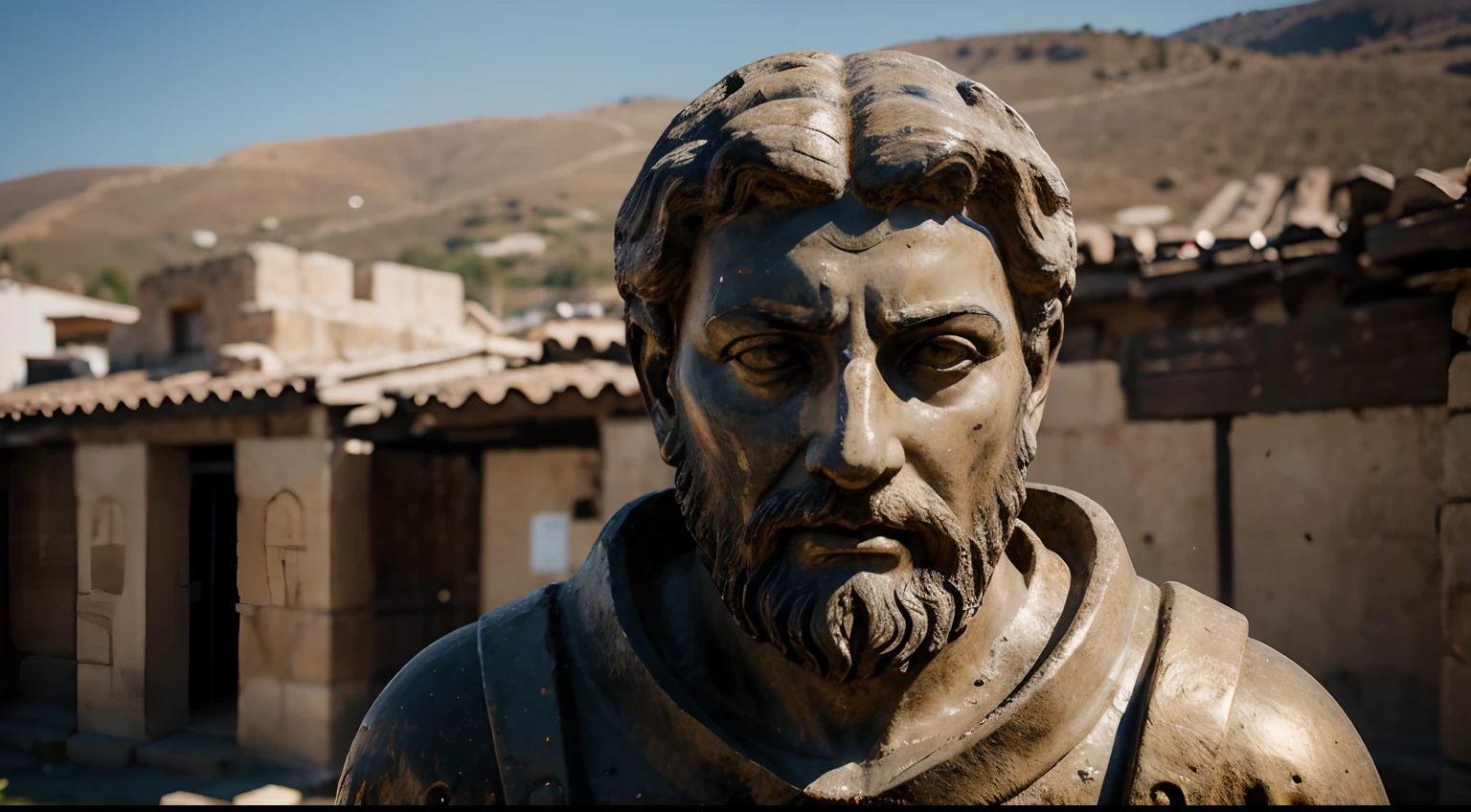 Ancient Stoic Statue With Very Angry Expression, tem barba, muitos detalhes em ambos os olhos, Outside, fundo atenas grego, open sky, com rosto extremamente detalhado full body view, Colors with low saturation with dark tone, Filmado em Sony A7S III com Sony FE 35mm f/1.8, 12.1 MP, --AR 3:2 --estilo cru