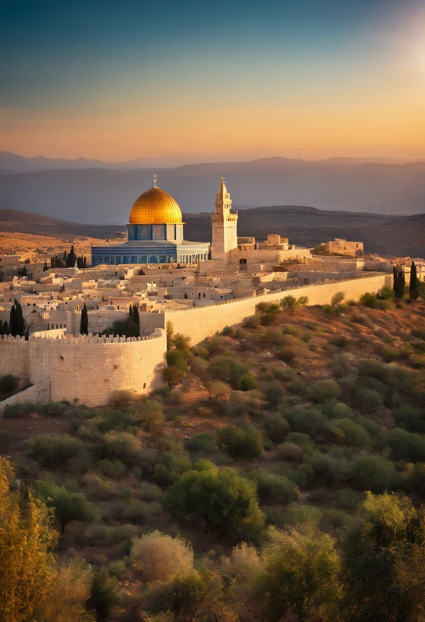 Jesus cristo na montanha ensinando, on the horizon the temple of Jerusalem, anjos ao fundo voando, imagens em movimento