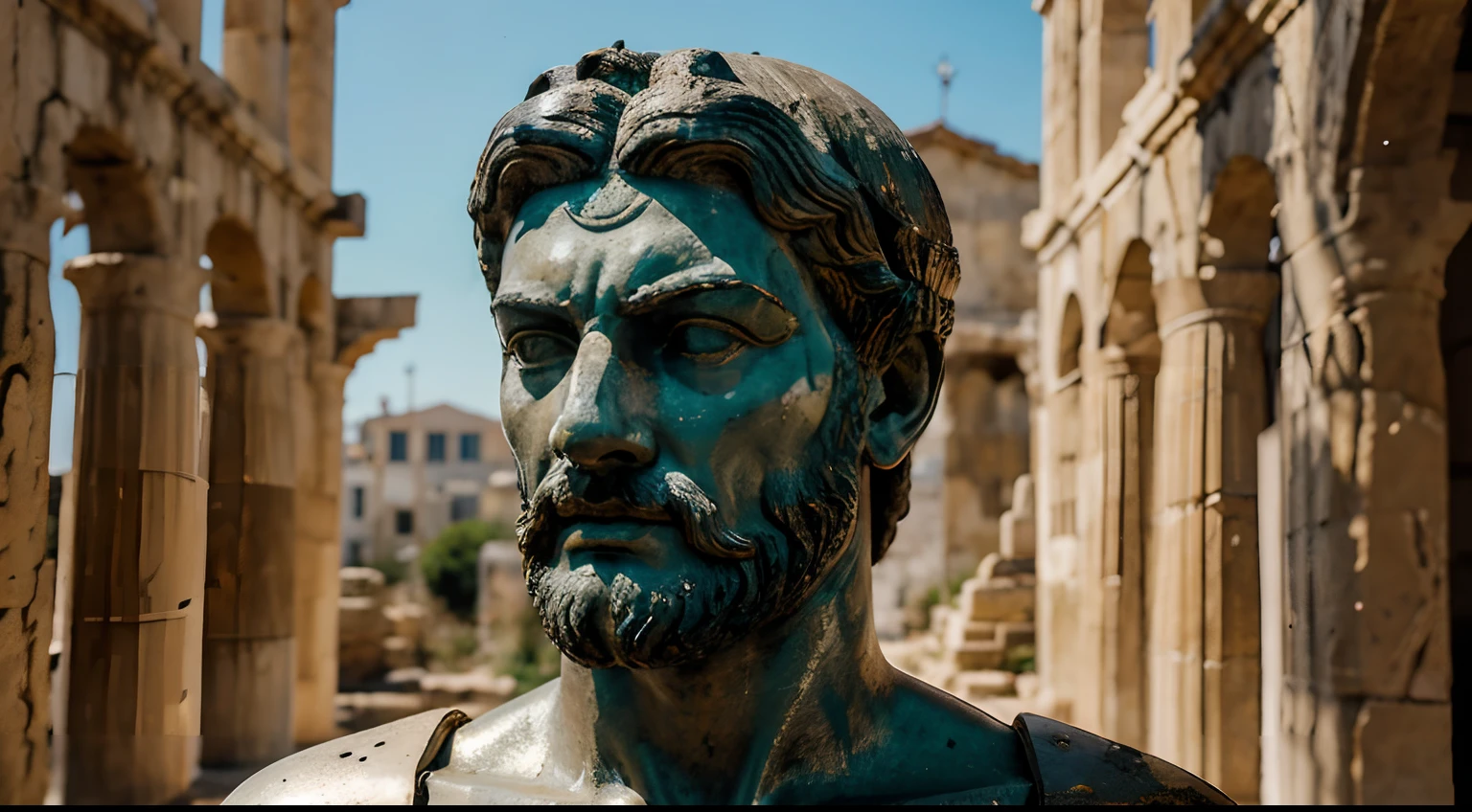 Ancient Stoic Statue With Very Angry Expression, tem barba, muitos detalhes em ambos os olhos, Outside, fundo atenas grego, open sky, com rosto extremamente detalhado full body view, Colors with low saturation with dark tone, Filmado em Sony A7S III com Sony FE 35mm f/1.8, 12.1 MP, --AR 3:2 --estilo cru