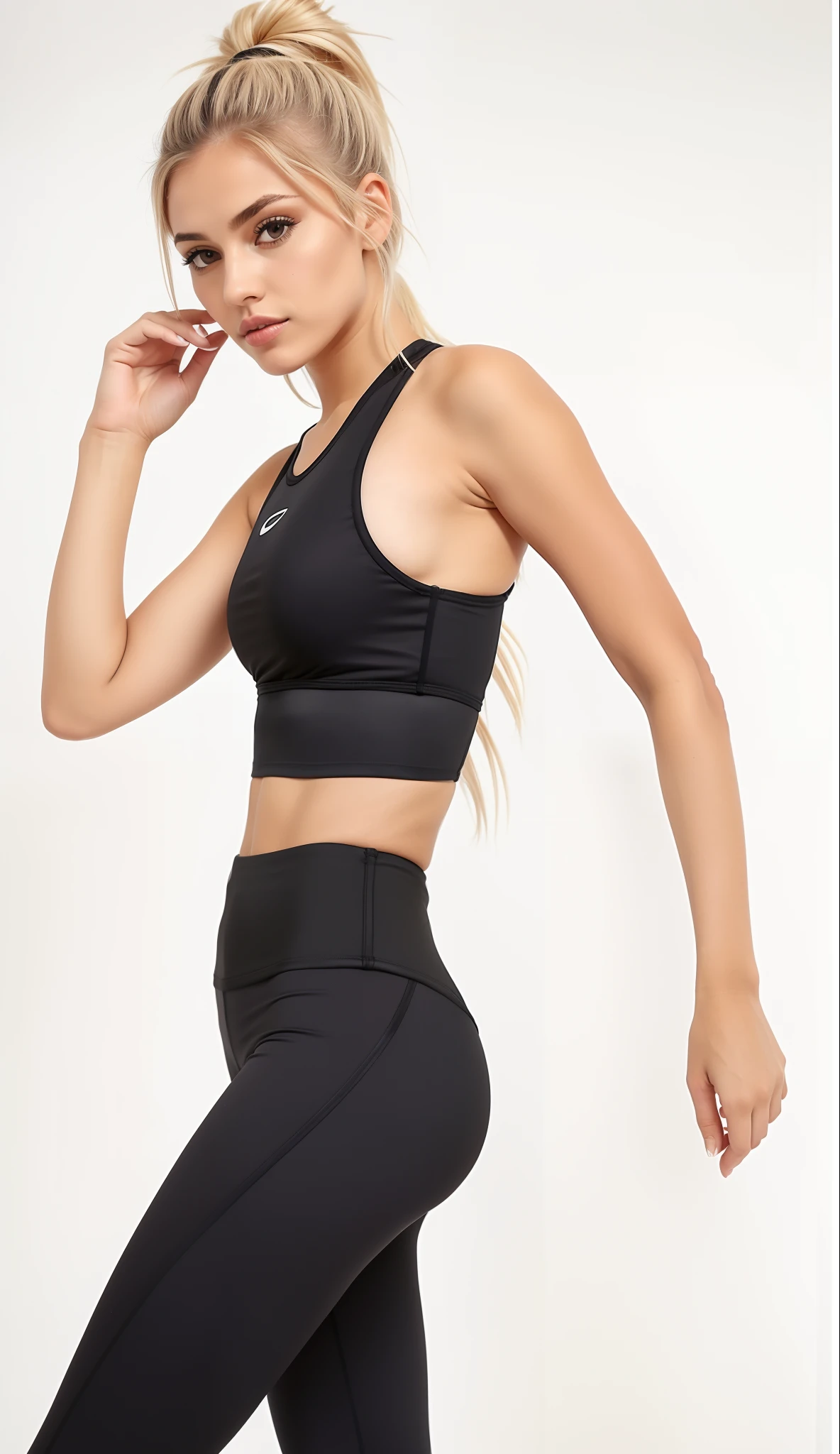 a woman in a black sports bra top and leggings, usando uma regata cropped preta, usando uma regata preta cropped, two piece workout clothes, Topo de colheita, physical : tinyest midriff ever, topo de corte, tanque preto apertado, sports bra, sport bra and shorts, usando roupas pretas apertadas, roupas esportivas, Esporte bom, detailed sports bra