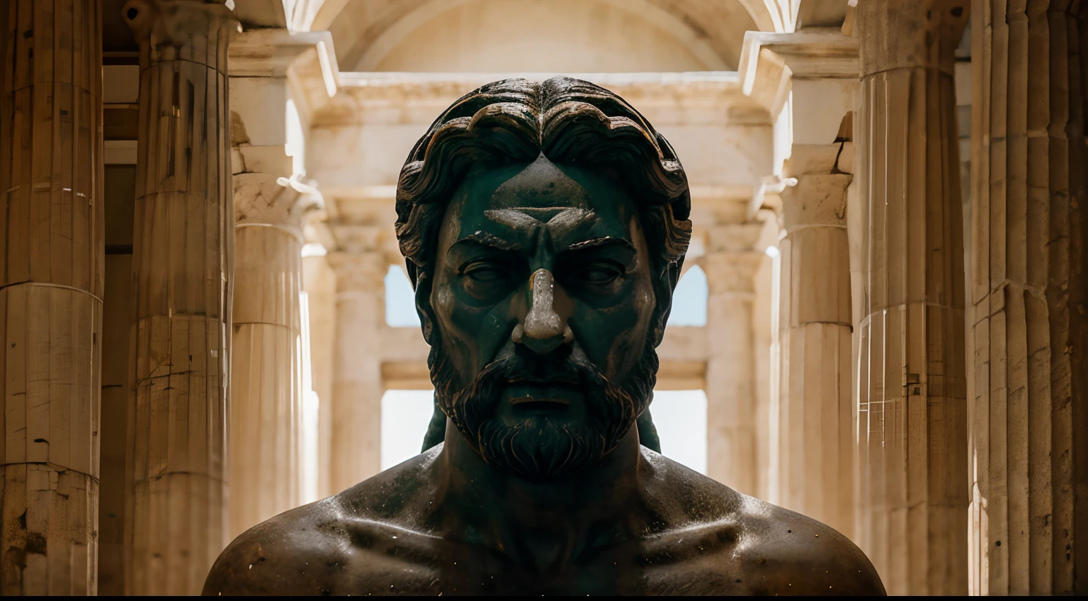 Ancient Stoic Statue With Very Angry Expression, tem barba, muitos detalhes em ambos os olhos, Outside, fundo atenas grego, open sky, com rosto extremamente detalhado full body view, Colors with low saturation with dark tone, Filmado em Sony A7S III com Sony FE 35mm f/1.8, 12.1 MP, --AR 3:2 --estilo cru