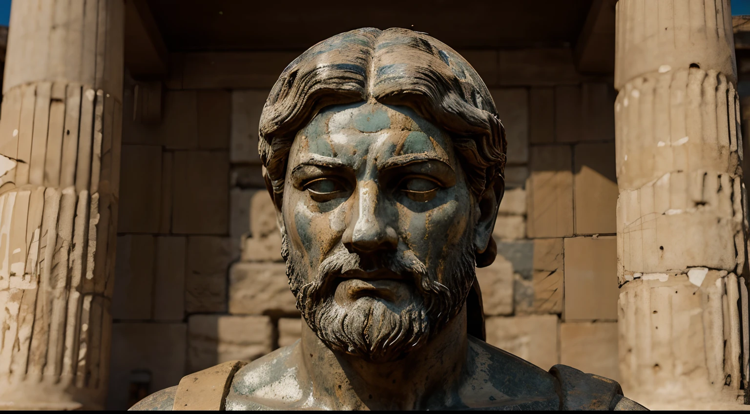 Ancient Stoic Statue With Very Angry Expression, tem barba, muitos detalhes em ambos os olhos, Outside, fundo atenas grego, open sky, com rosto extremamente detalhado full body view, Colors with low saturation with dark tone, Filmado em Sony A7S III com Sony FE 35mm f/1.8, 12.1 MP, --AR 3:2 --estilo cru