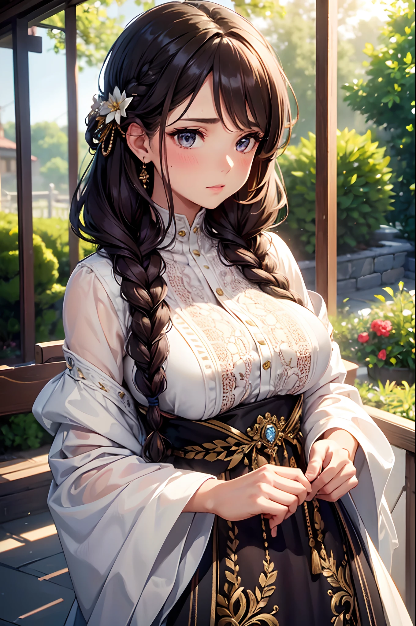 (High quality,High resolution,Fine details,Realistic),solo,Adult Woman,sparkling eyes,blush,Large breasts,Sweat,Oily skin,braided hair,shiny texture,bouncy curls,voluminous locks,elaborate hairstyle,precise details,dark brown strands,meticulously woven,feminine charm,fashionable look,braids with flowers,flyaway strands,natural highlights,soft and silky,perfectly styled,tightly secured,beautifully braided,intricate design,intricate patterns,ornate hair accessory,subtle movement,radiant sheen,cascading braids,impeccable technique,flawless execution,sophisticated elegance,gorgeous updo,meticulous braiding,exquisite craftsmanship,stunning braided hairstyle,mesmerizing beauty,colorful ribbons,detailed tendrils,ethereal charm,soft waves,subtle curls,vibrant highlights