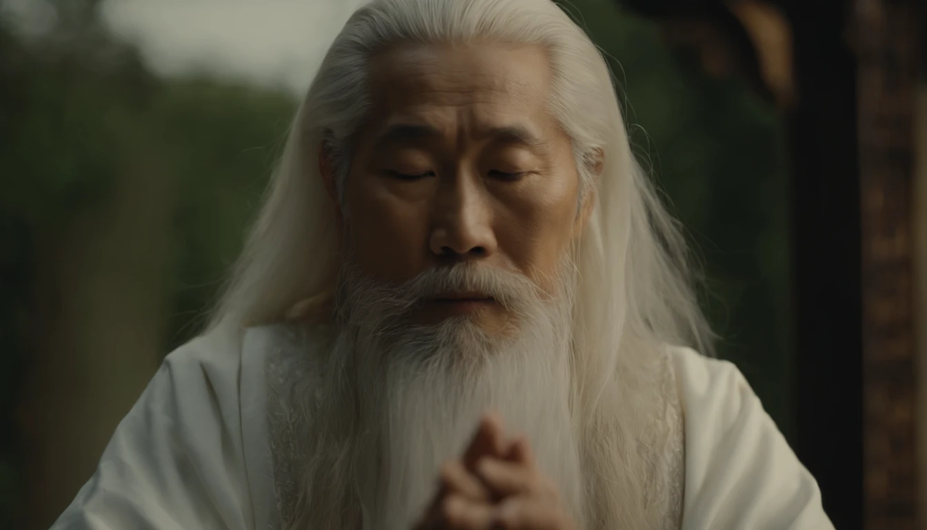 30-year-old Asian middle-aged Taoist elder sedentary close-up,long  white hair，Meditate with your eyes closed，Has a white beard，Meditation cross-legged，Daoism, wearing long white togas，magic aura，Taoist master,Taoist，kosmos，at centre，Face the lens，Very bright colors, Light particles, with light glowing, Mshiv, wallpaper art, UHD wallpaper
