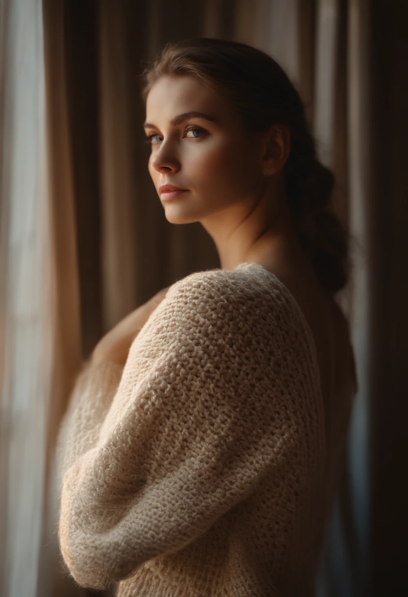 a beautiful girl is standing in front of a window, in the style of soft, atmospheric lighting, strong facial expression, goosepunk, vray tracing, kodak portra, white and beige, knitted and crocheted --ar 45:64