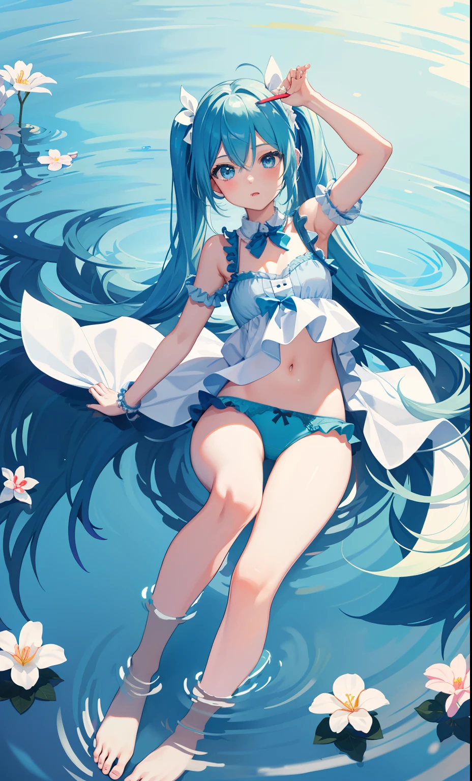 1girl in、AS-Adult、Cute underwear、Full body portrait、miku hatsune,clean,masterpiece,Beautiful fece,flowingwater,The background is cobalt blue,effect,neon color,Glossy Hair,White underwear,White ribbon,Southland,Open,Tropical