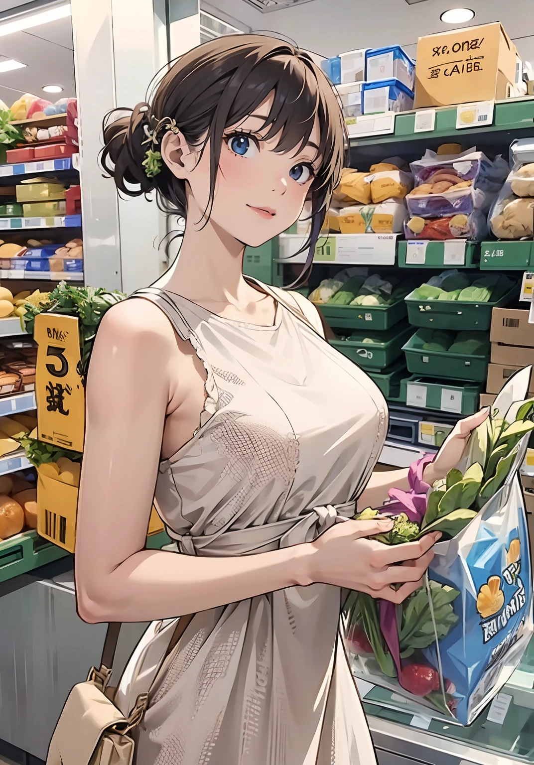 Woman in dress holding a bag of lettuce in the supermarket