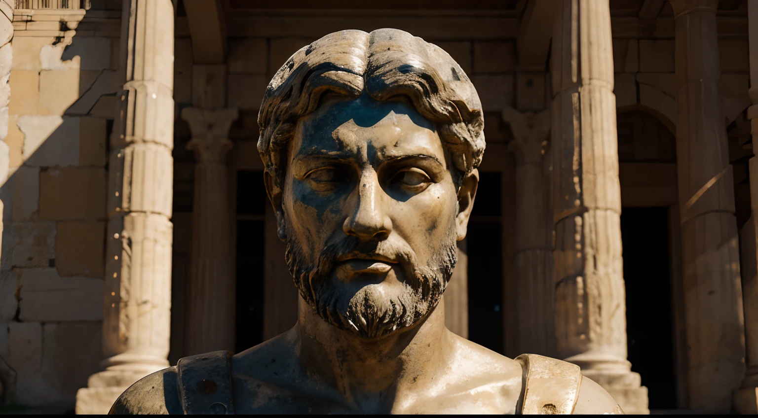 Ancient Stoic Statue With Very Angry Expression, tem barba, muitos detalhes em ambos os olhos, Outside, fundo atenas grego, open sky, com rosto extremamente detalhado full body view, Colors with low saturation with dark tone, Filmado em Sony A7S III com Sony FE 35mm f/1.8, 12.1 MP, --AR 3:2 --estilo cru