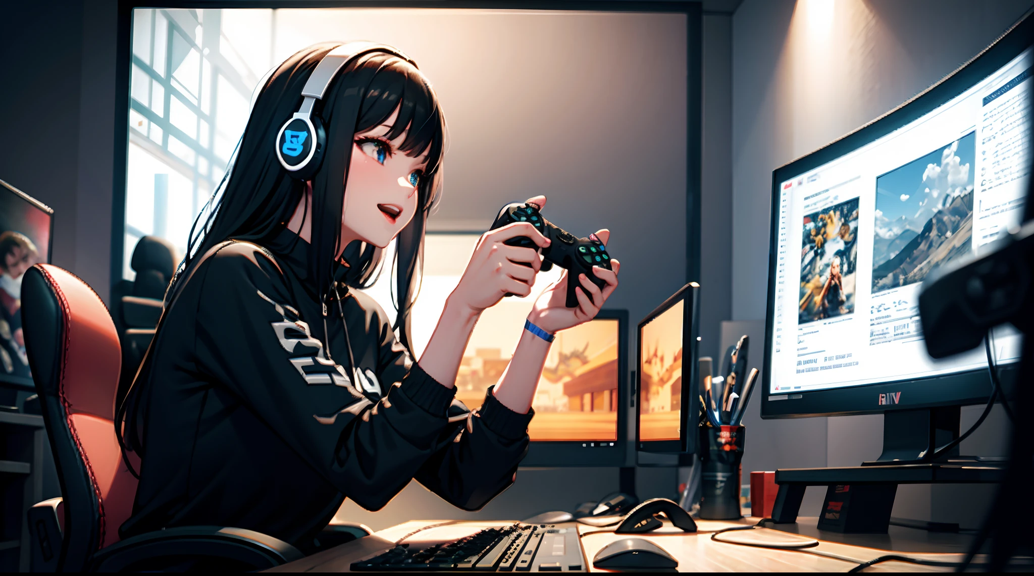 beautiful girl,detailed eyes,detailed lips,long eyelashes,soft and shiny hair,great fashion sense,powerful and confident posture,playing video games,dedicated and focused expression,comfortable gaming chair,high-end gaming setup,dual monitors,RGB lighting,immersive gaming environment,colorful gaming keyboard,colorful gaming mouse,competitive gaming headset,wearing gaming-themed clothes,holding a gaming controller,engrossed in the game,competitive gaming spirit,winning the game,celebrating victory with a big smile,breathtaking artwork,reminds me of a Renaissance painting,vibrant colors,realistic details,captivating background,professional grade painting,high-resolution masterpiece,ultra-fine details,photorealistic rendering,perfect balance of light and shadow,post-processing effects,fascinating mix of fantasy and reality
