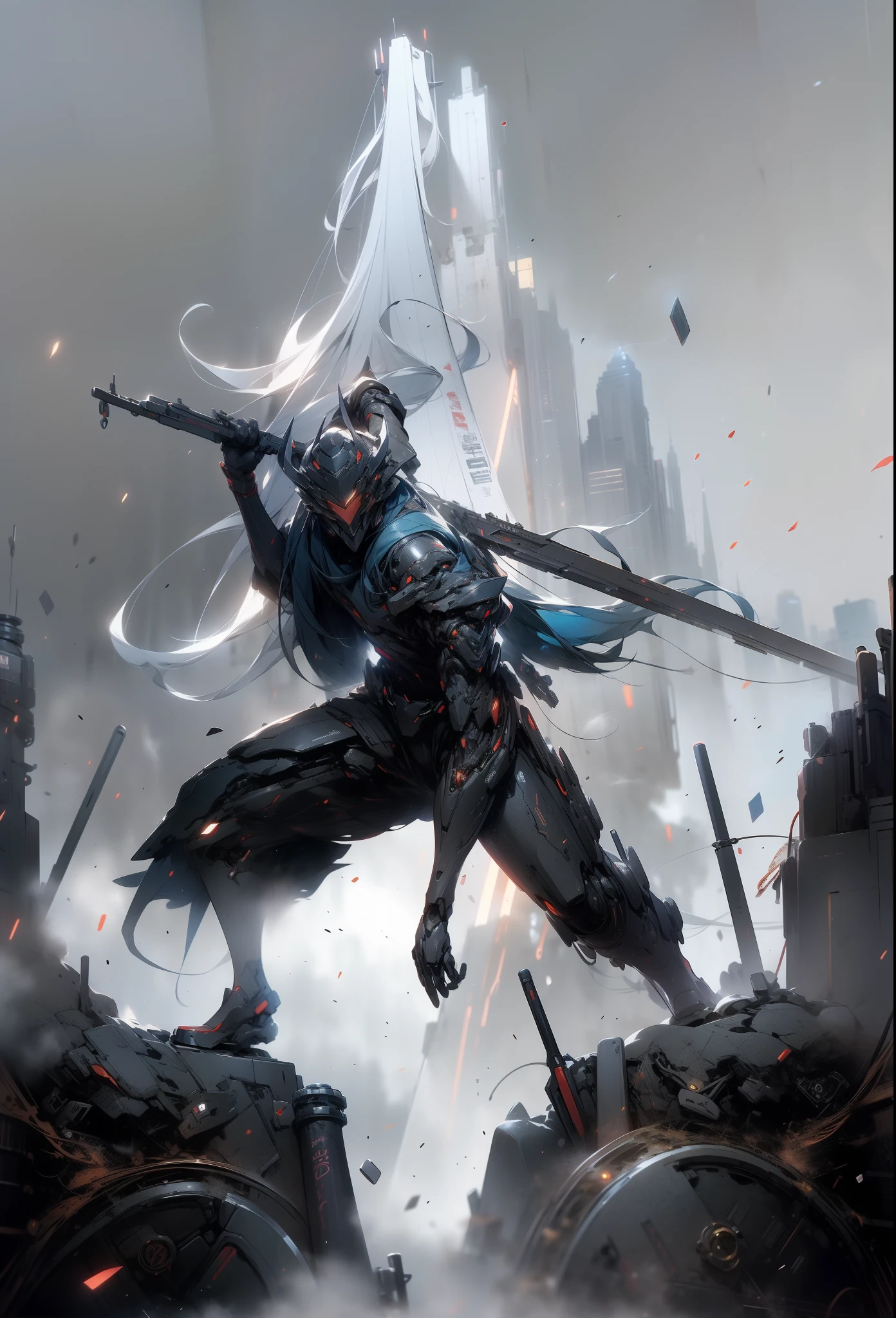 super wide shot, Full body frontal photo,Mecha male warrior close-up，Future warrior style《Mech color:blue》，（Refer to the Chinese red tasseled gun，Hold the gun，The gun body itself emits an orange glow），Keqing from Genshin Impact, (Masterpiece) ， The best quality， High quality，电影灯光， （Exquisite future）， Beautiful and beautiful， Ultra detailed， great composition， Floating， Depth of field， （Very detailed CG，Unity 8k壁纸）， （Beautiful detail background）， dramatic lights， GOGETTA， Mecha，best qualtiy，Ultra-high 8K Ultra HD，digital SLR camera，high qulity，Film particle resolution，