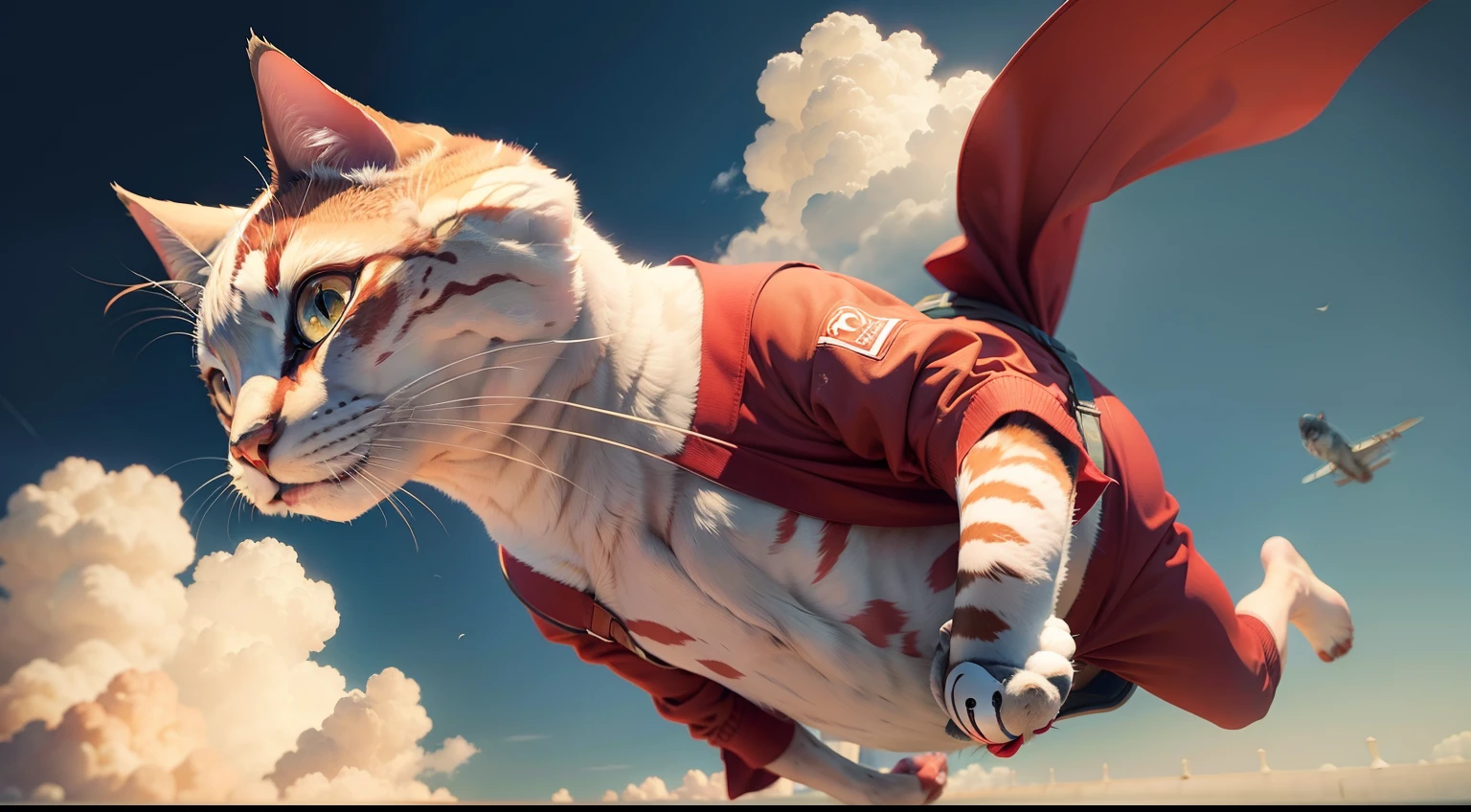 Lindo gato con capa roja volando por el cielo