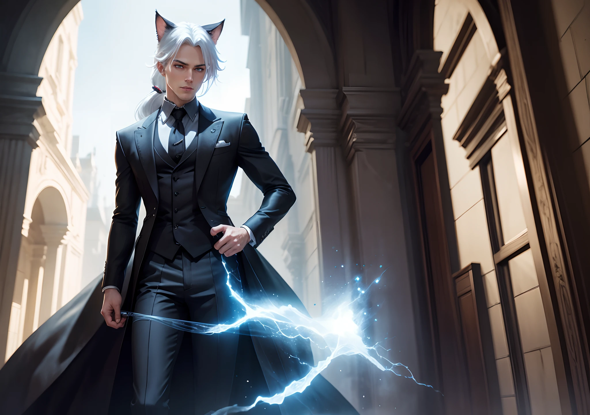 Lots of details, guy, cat ears, fantasy, full-length, ponytail, black suit, magic, detailed background, nature, fabulous, 8k, post-production, white hair, blue eyes, allboymix --auto