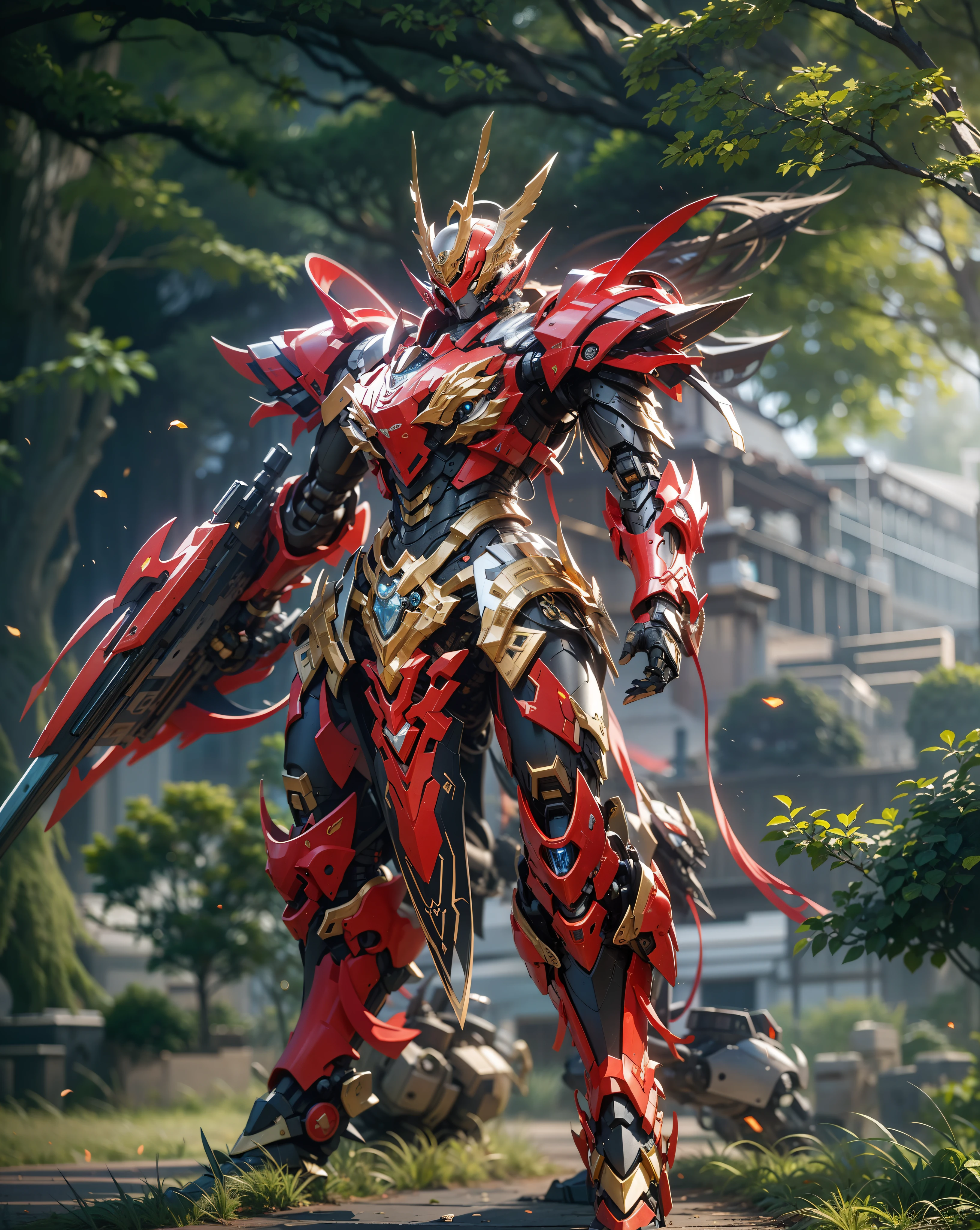 super wide shot, Full body frontal photo,Mecha male warrior，The heroic demeanor of the Three Kingdoms,《Mech color: Red Deep Series》，（《Romance of the Three Kingdoms》，《Lü Bu》，Holding Fang Tian's halberd in his hand，），（Full body mecha）, Keqing from Genshin Impact, (Masterpiece) ， The best quality， High quality，Gold armor，电影灯光， （Exquisite future）， Beautiful and beautiful， Ultra detailed， great composition， Floating， Depth of field， （Very detailed CG，Unity 8k壁纸）， （Beautiful detail background）， dramatic lights， GOGETTA， Mecha，best qualtiy，Ultra-high 8K Ultra HD，digital SLR camera，high qulity，Film particle resolution，