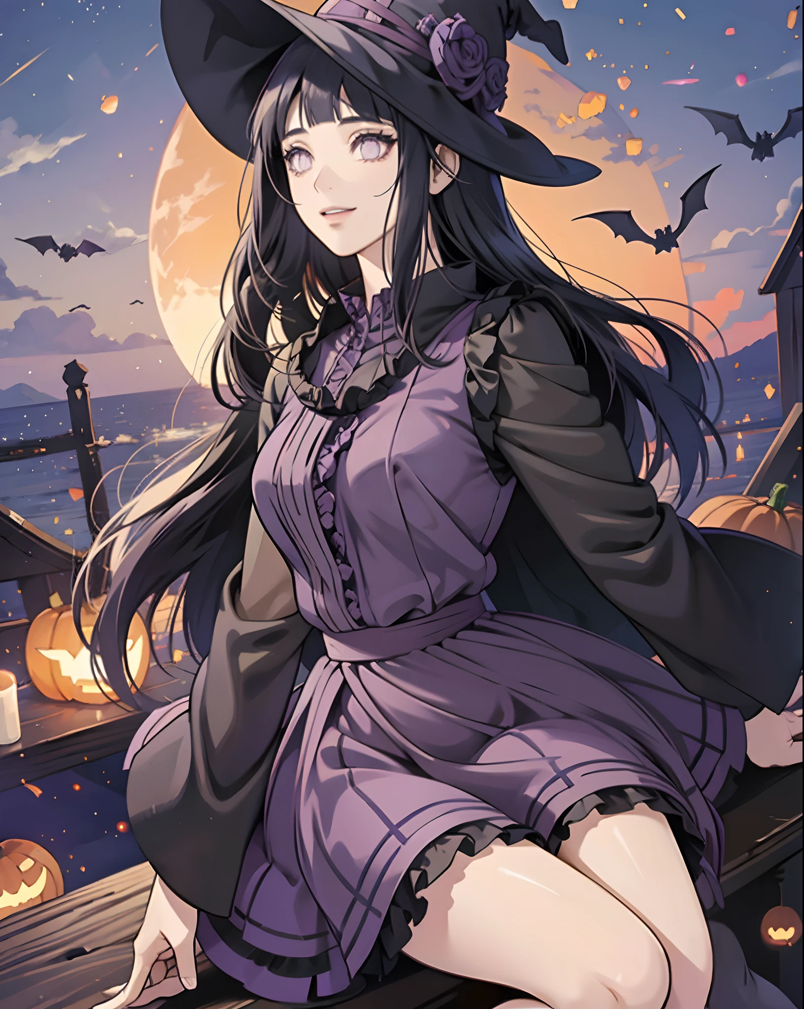 Hinata hyuga, halloween, gothic, navy witch dress, long hair,purple witch hat, pumpkin, halloween night, frill dress, perfect composition, beautiful atmosphere, night, bats, light smile