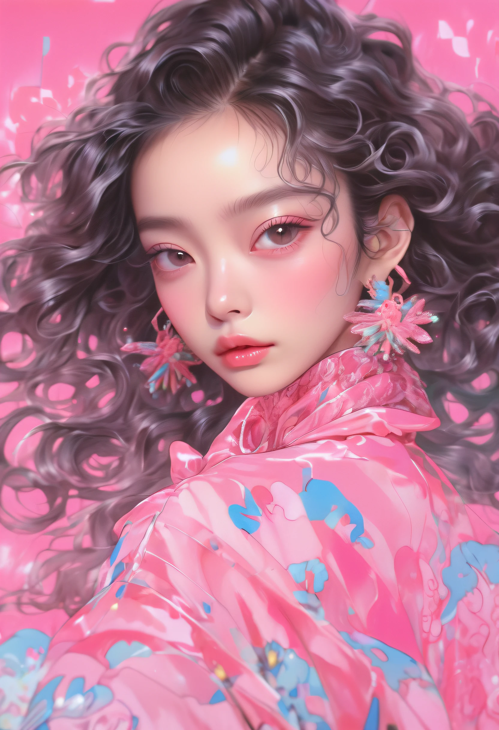 18-year-old girl,She looks like Angelababy,Barbie's shiny pink curls,Estilo de Makoto Shinkai,Niji style,in the style of Miho Hirano, pink and black,ornate portrait, 1980s animation, hongkongstyle, Sandara tang, mixed patterns, text and emoji installations