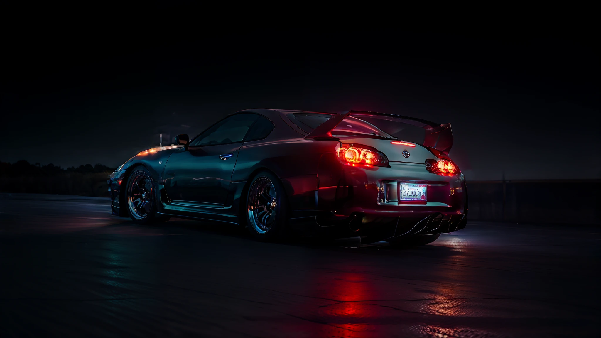 a close up of a car with its lights on in the dark, beautiful and cinematic lighting, nissan gtr r 3 4, need for speed, great cinematic lighting, cyberpunk vibe, neon lit, beautiful octane lighting, hq 4k wallpaper, nice lighting, trending on artstation.', gorgeous cinematic lighting, wide body, by Alena Aenami, neon and dark