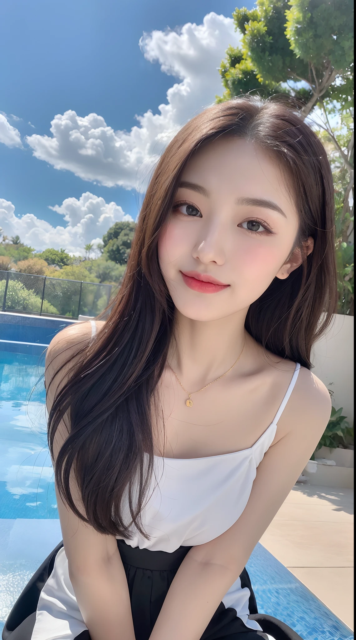 (top Quority, 8K, tmasterpiece:1.3)), A pretty maiden，Pure，Melon seed face，gentle and cute，A sweet smile，Pure desire，Thin stature，(frontage)，staring right into camera，uniform, Obi, formal，Black silky long, layered long hair，Long hair flowing over the shoulders，round black big eyes，Clear big eyes，Hydrated red lips，Sweet，Sitting next to the pool，with blue sky and white clouds，Blue skies，