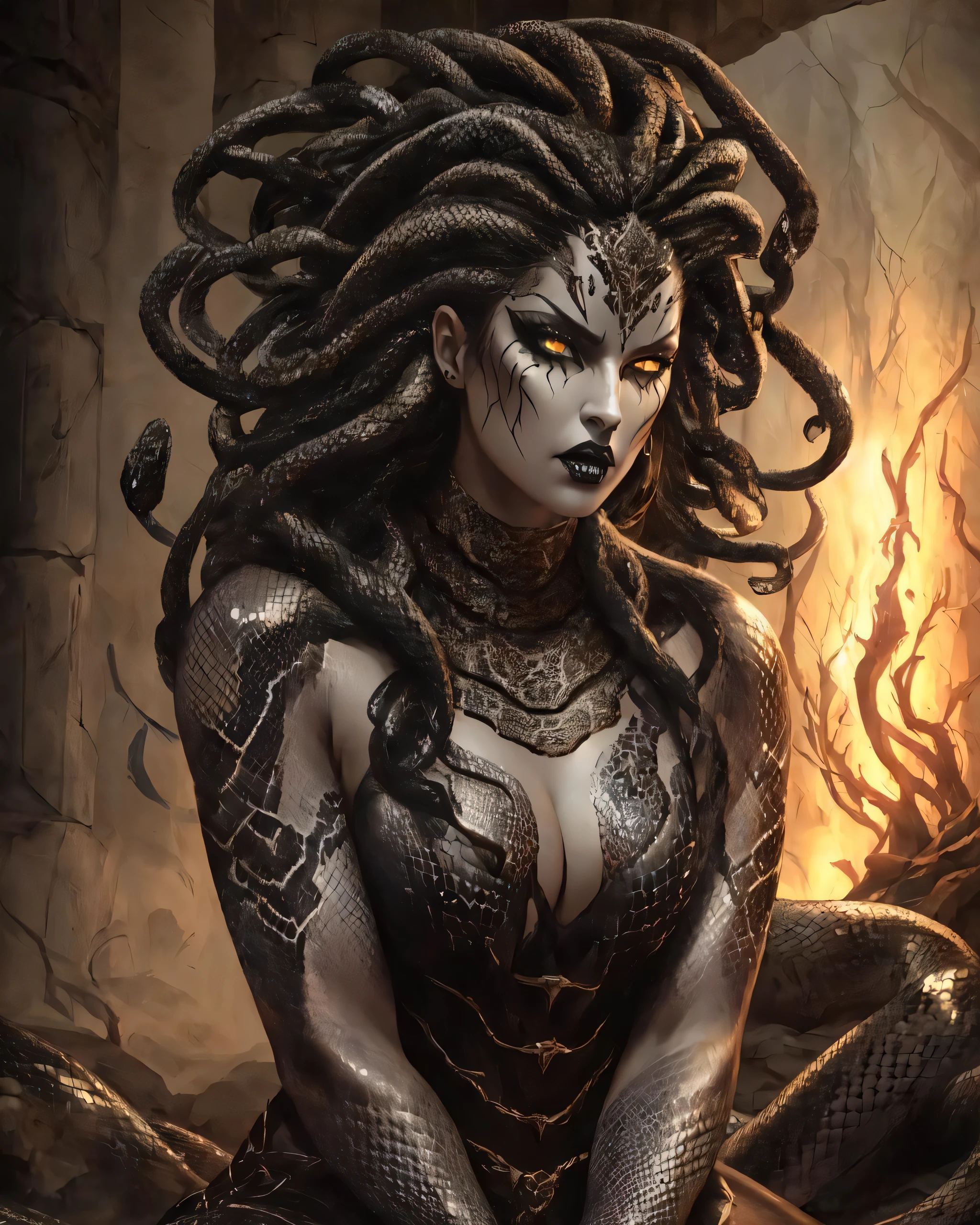 gorgon, gray skin, nsfw, snake eyes, angry face, gothic makeup, tribal markings,
(masterpiece),  best quality, highres, 4k, 8k, Detailed Illustration, intricate detail, cinematic lighting, amazing quality, amazing shading, soft lighting