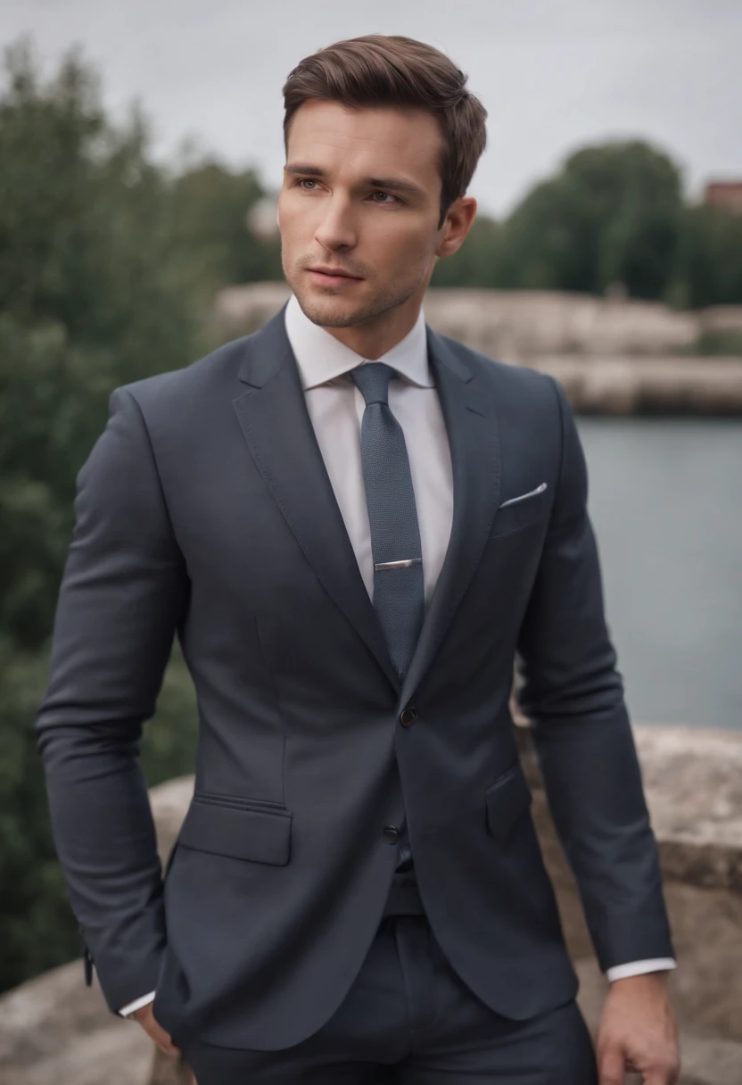 attractive 30 year old athletic man with short brown hair in Hugo boss business suit, full body shot