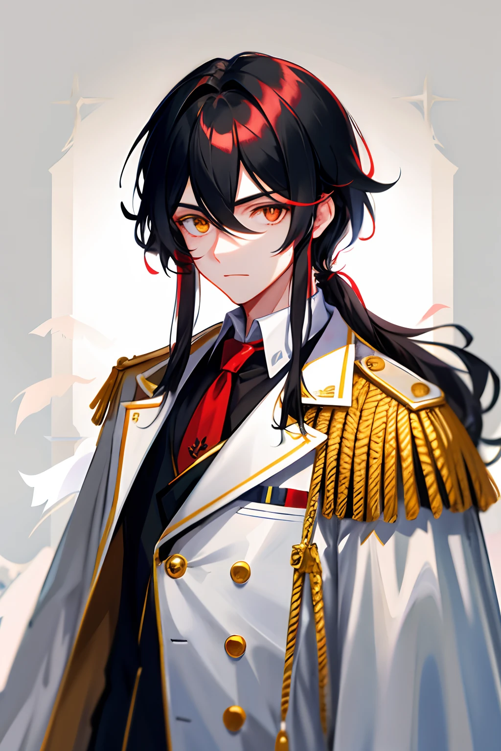 1 boy,cool guy,Medium long hair in white color,Military style,Shiny,Red left eye,The right eye is yellow,looking at viewert,The upper part of the body,
