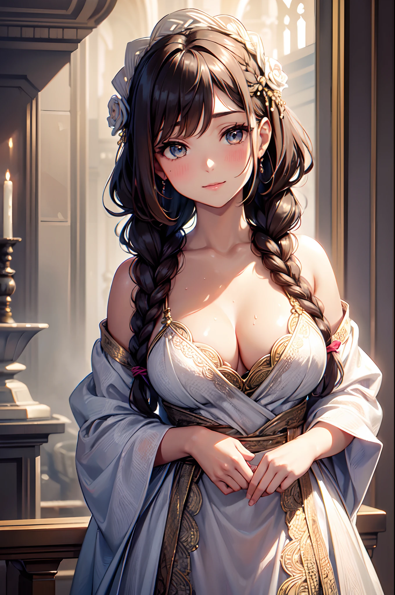 (High quality,High resolution,Fine details,Realistic),solo,Adult Woman,sparkling eyes,smile,blush,Large breasts,Sweat,Oily skin,braided hair,shiny texture,bouncy curls,voluminous locks,elaborate hairstyle,precise details,dark brown strands,meticulously woven,feminine charm,fashionable look,braids with flowers,flyaway strands,natural highlights,soft and silky,perfectly styled,tightly secured,beautifully braided,intricate design,intricate patterns,ornate hair accessory,subtle movement,radiant sheen,cascading braids,impeccable technique,flawless execution,sophisticated elegance,gorgeous updo,meticulous braiding,exquisite craftsmanship,stunning braided hairstyle,mesmerizing beauty,colorful ribbons,detailed tendrils,ethereal charm,soft waves,subtle curls,vibrant highlights