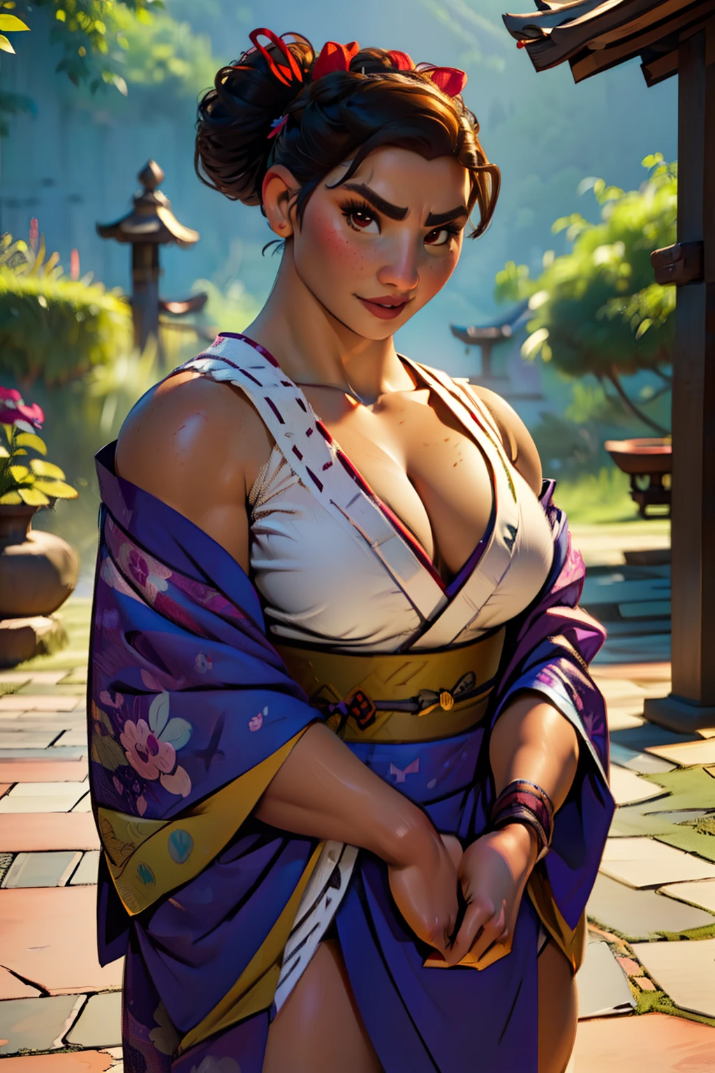 (((Luisa Madrigal from Disney's Enchanto))), toned skin, muscular, wide shoulder, ((perfect thighs)), (((kimono))), photorealistic, ((cleavage)), masterpiece, traditional japanese background