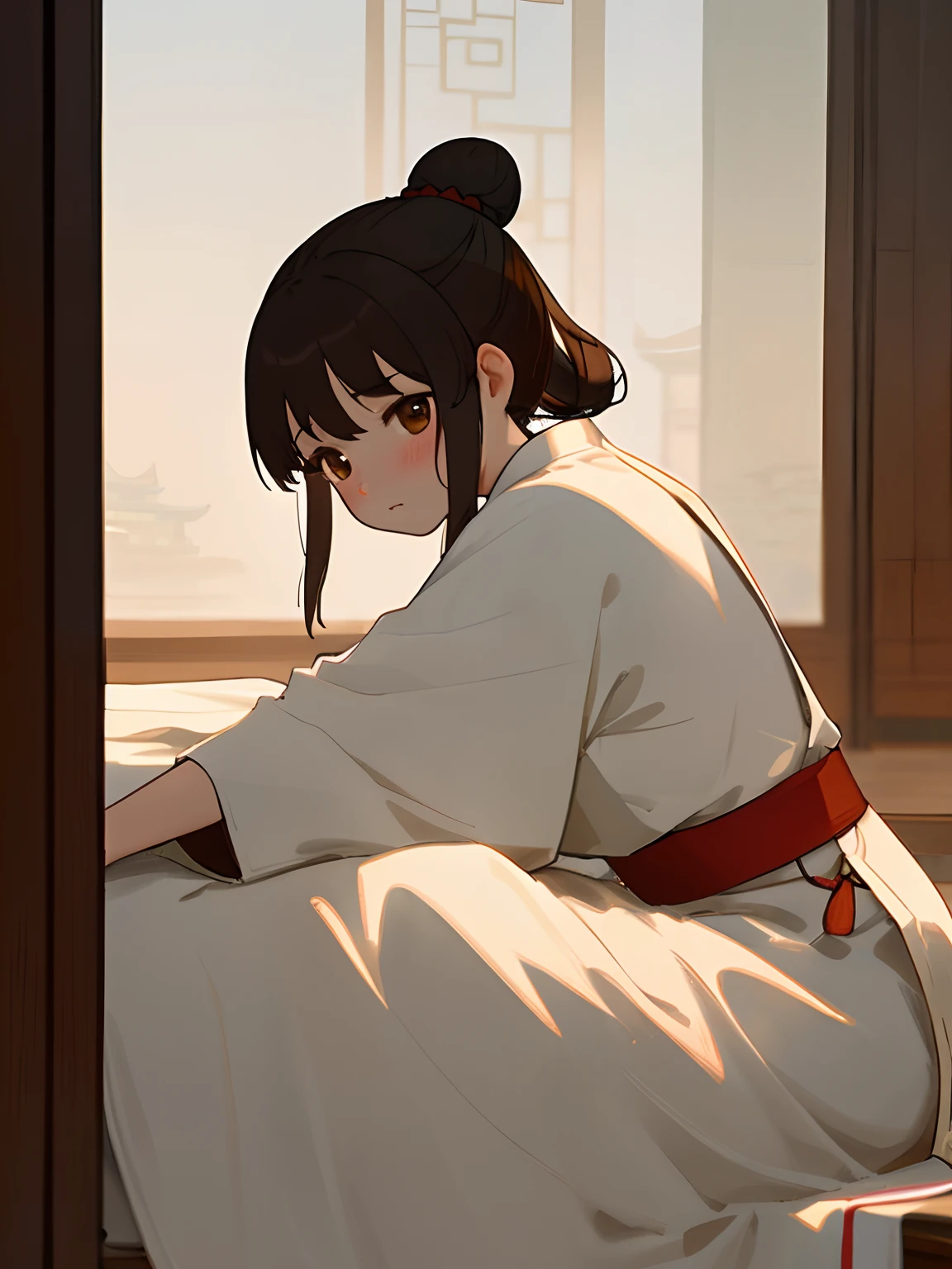 Best picture quality, Traditional Chinese painting，The lines are delicate and graceful，Warm atmosphere， Ancient Style Girl，Wear a white robe，hair-bun，Details are in place, The Forbidden City has a strong atmosphere, Beautiful thin willow eyebrows, brunette color hair，Has brown eyes，detail-rich, largeeyes，review，Melancholy eyes，Pitying，The lighting and its detailed rendering are intoxicating（stable difusion）4K，SENSE OF CINEMA，
