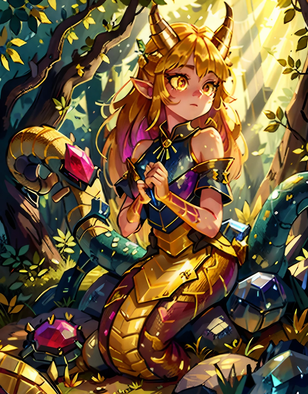 detailed snake skin, (Adult ), solo focus, (lamia), stoic, monster girl, (short horns), beautiful eyes, beautiful background, abandoned cabin, forest, light particles, sun rays, dramatic lighting, outside, grass, leaves, shiny (gold, ruby, yellow gradient:1.5), realistic, masterpiece, best quality, ultra-detailed, detailed, scenery, beautiful detailed eyes, detailed blonde hair detailed snake skin, (Adult ), solo focus, (lamia), stoic, monster girl, (short horns), beautiful eyes, beautiful background, abandoned cabin, forest, light particles, sun rays, dramatic lighting, outside, grass, leaves, shiny (sapphire, ruby, gold gradient:1.5), realistic, masterpiece, best quality, ultra-detailed, detailed, scenery, beautiful detailed eyes, detailed hair